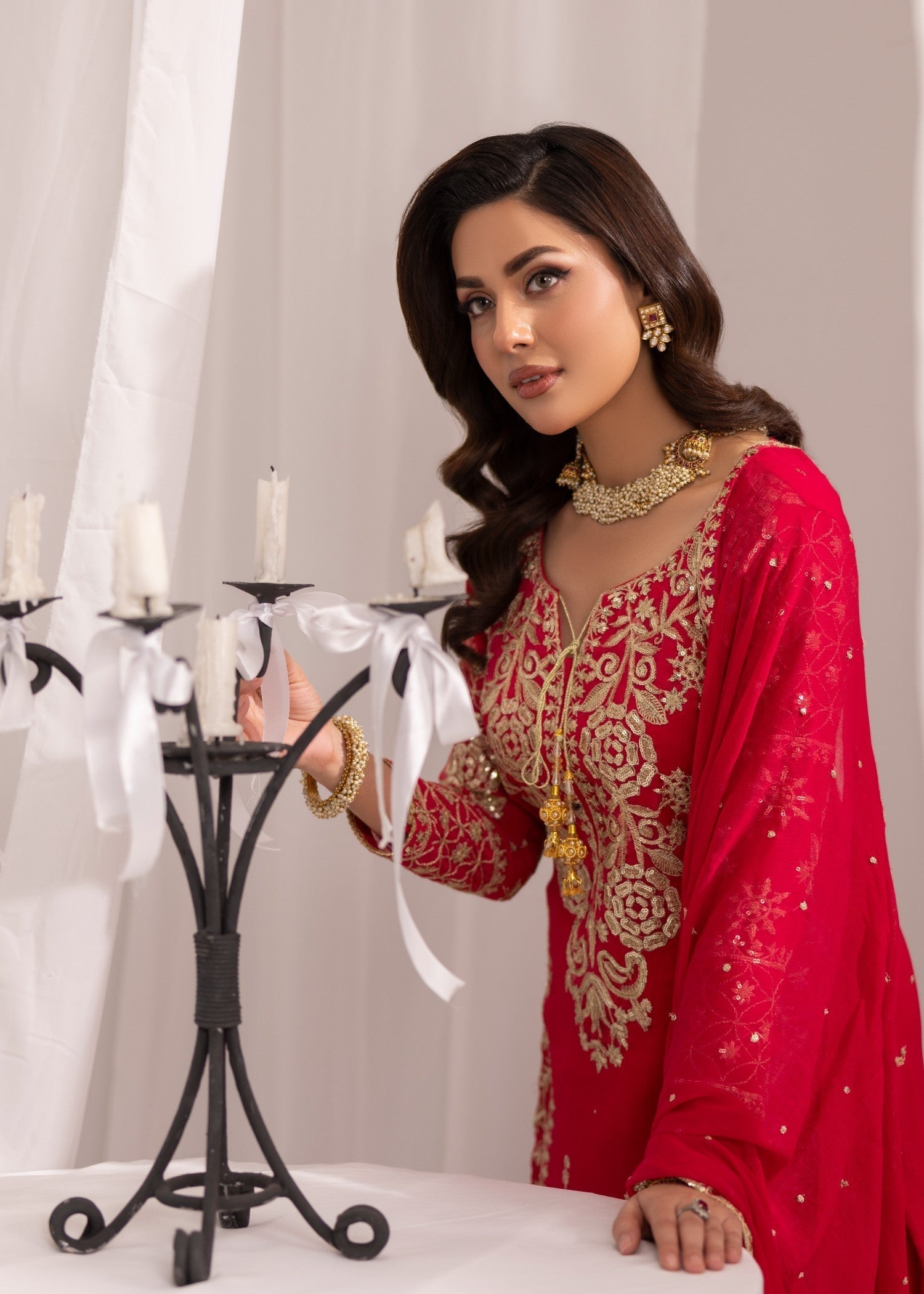bemberg crinkle chiffon Kurta Set in Hot pink
