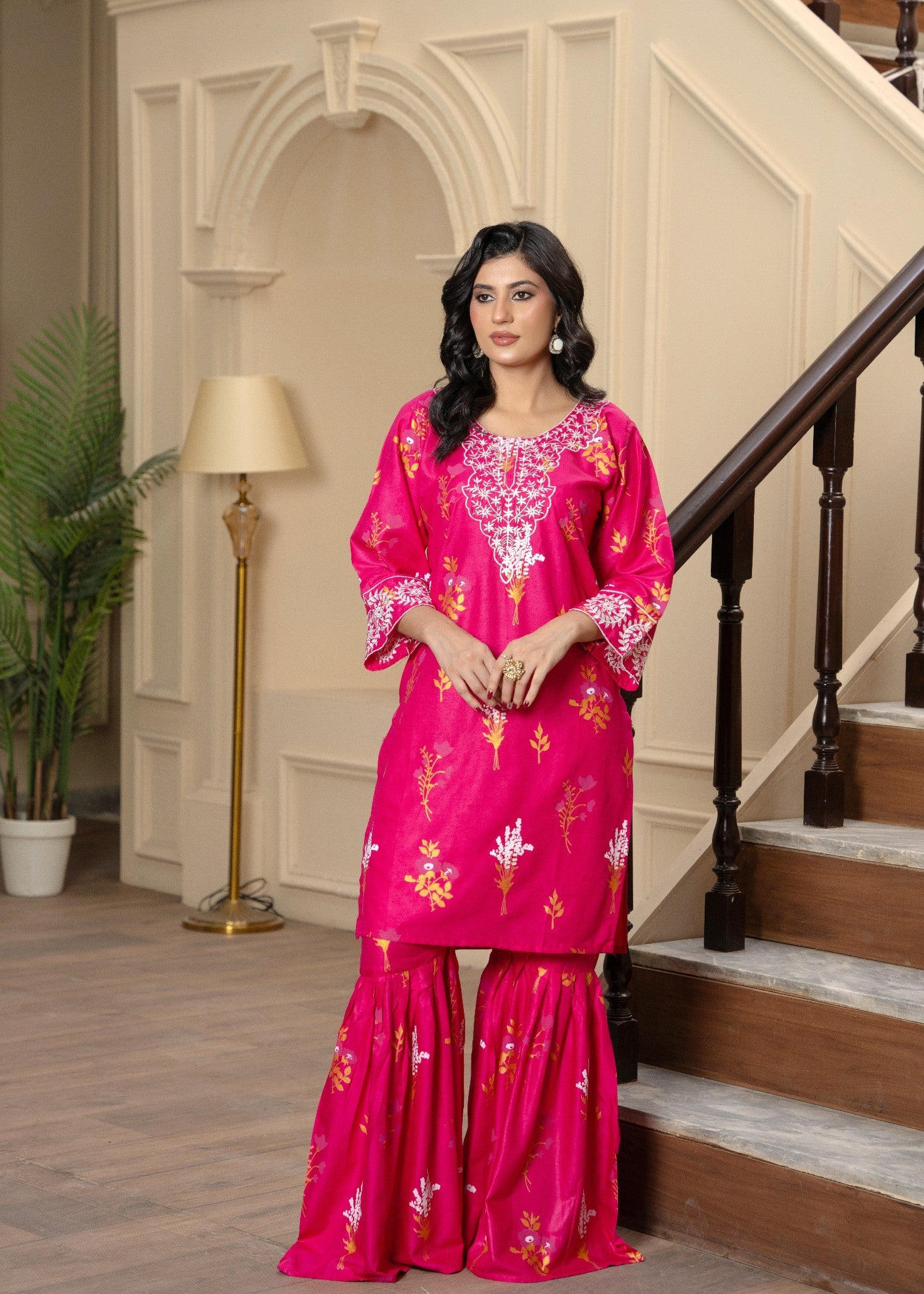 cambric Gharara in Hot pink