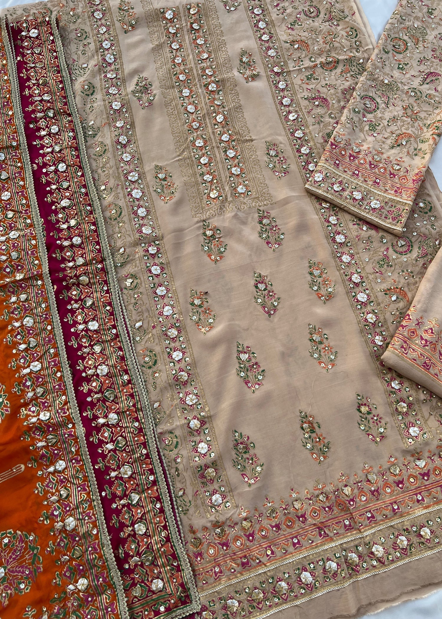 pk raw silk Unstitched in Orange, shocking pink, tan brown