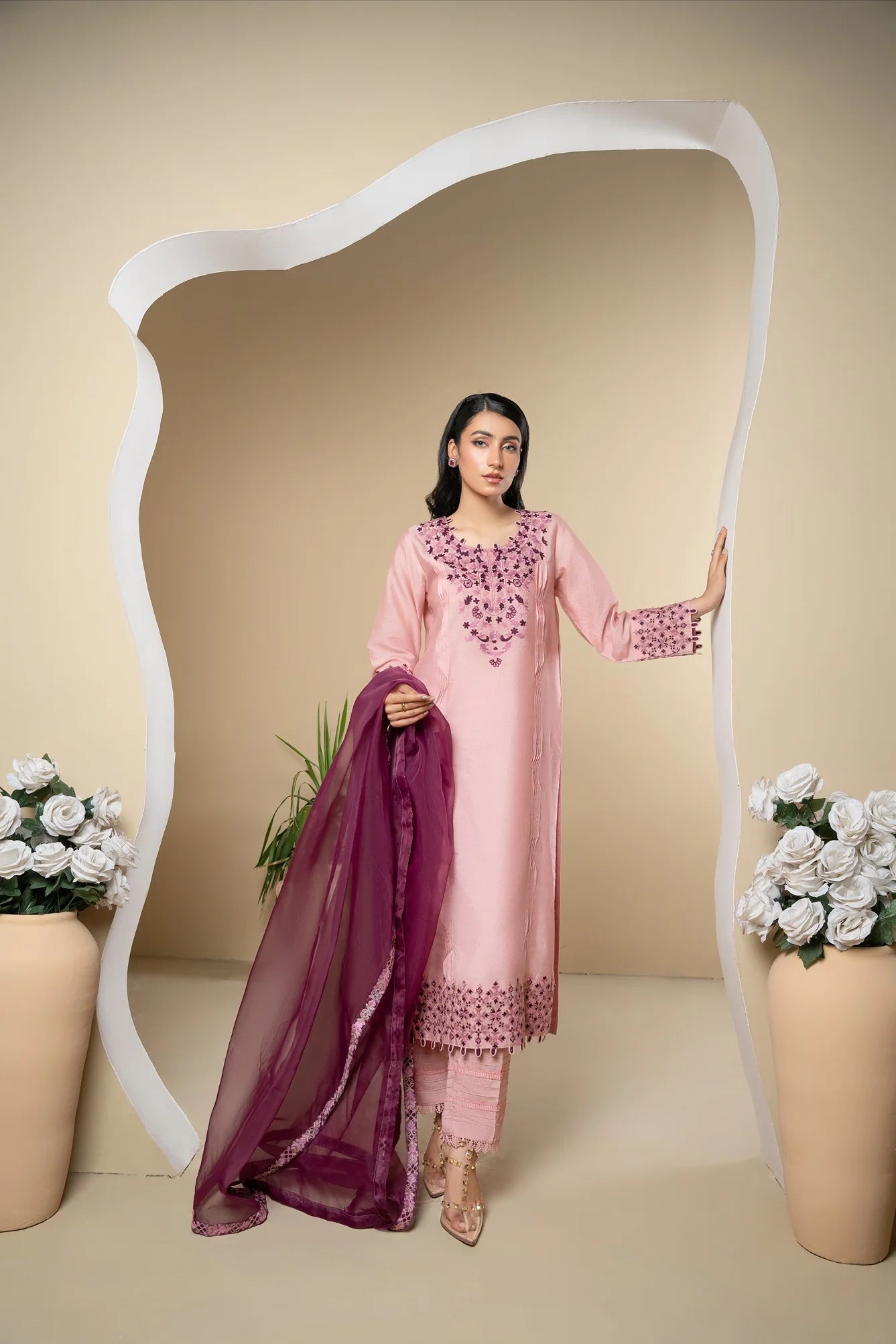 silk cotton net Kurta Set in Pink