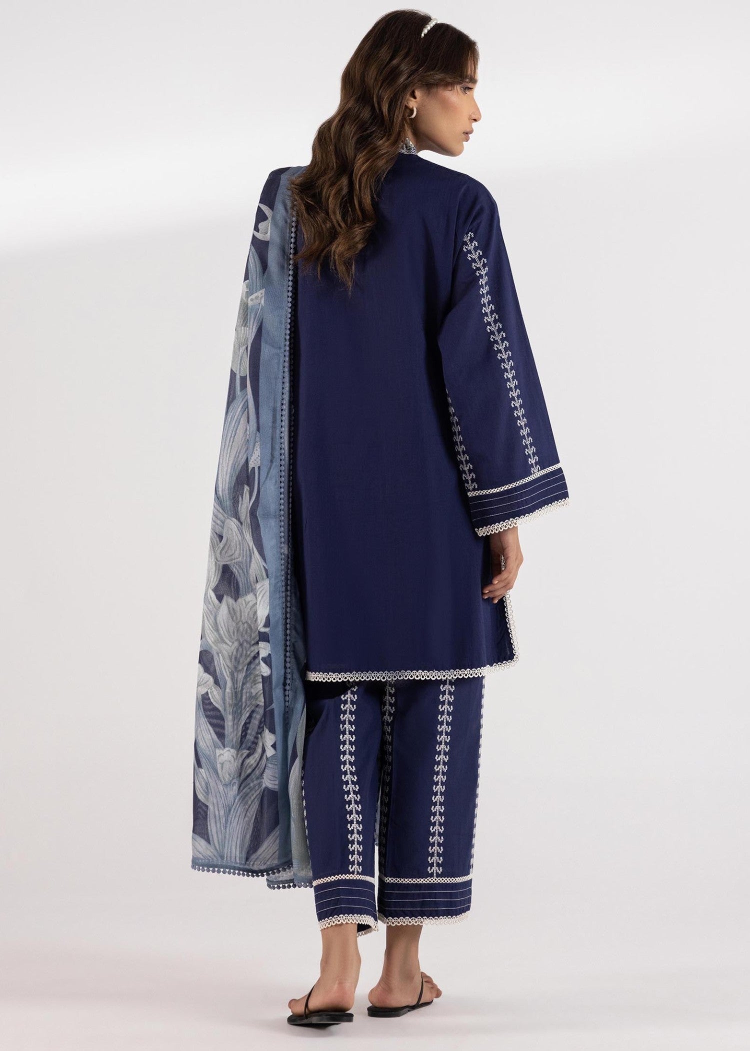 slub lawn Kurta Set in Navy blue