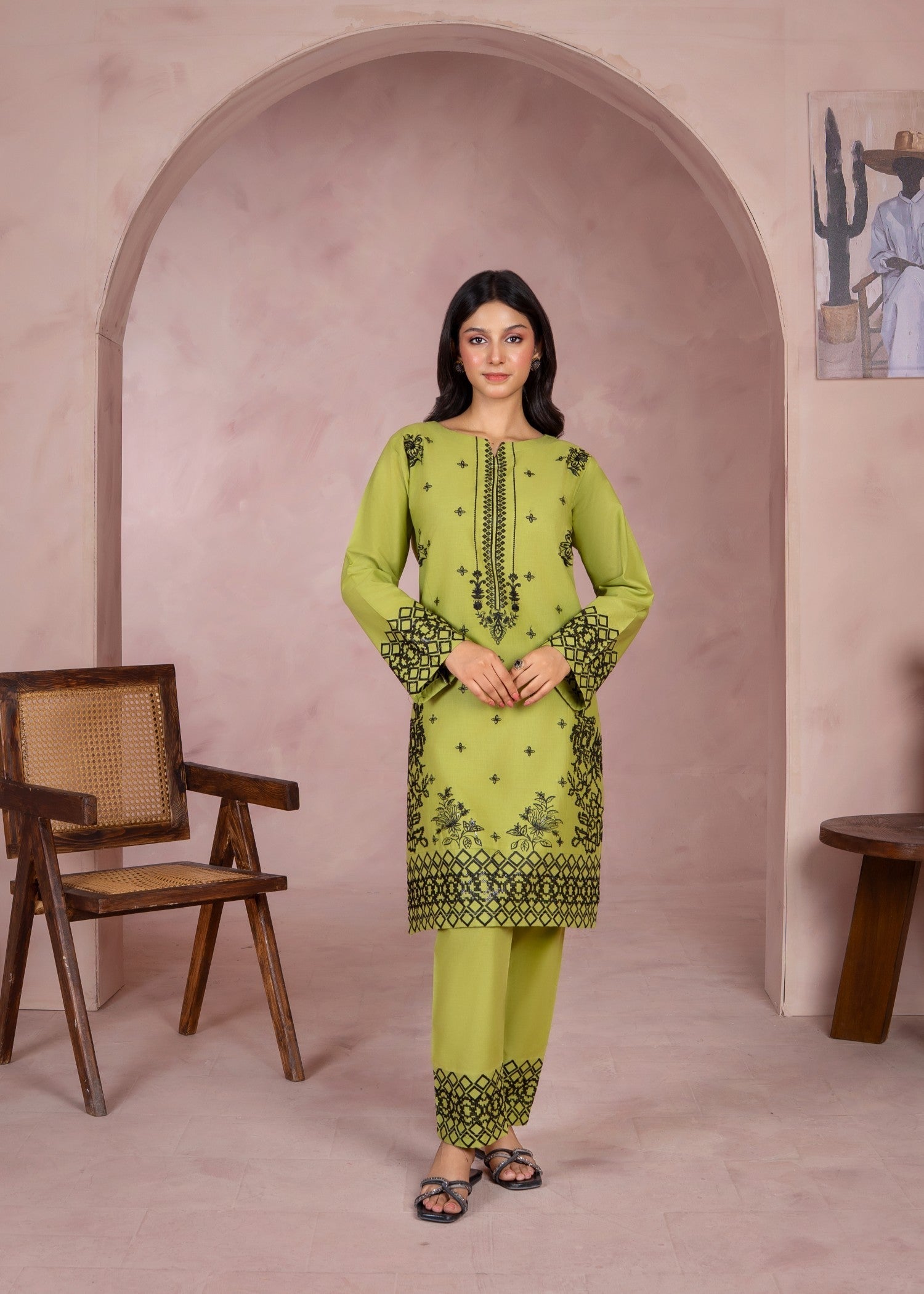 lawn cotton Kurta Set in Yellow green