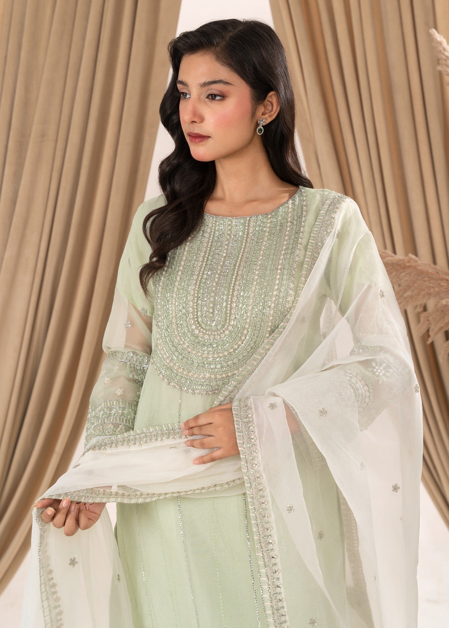 poly organza Kurta Set in Tea green