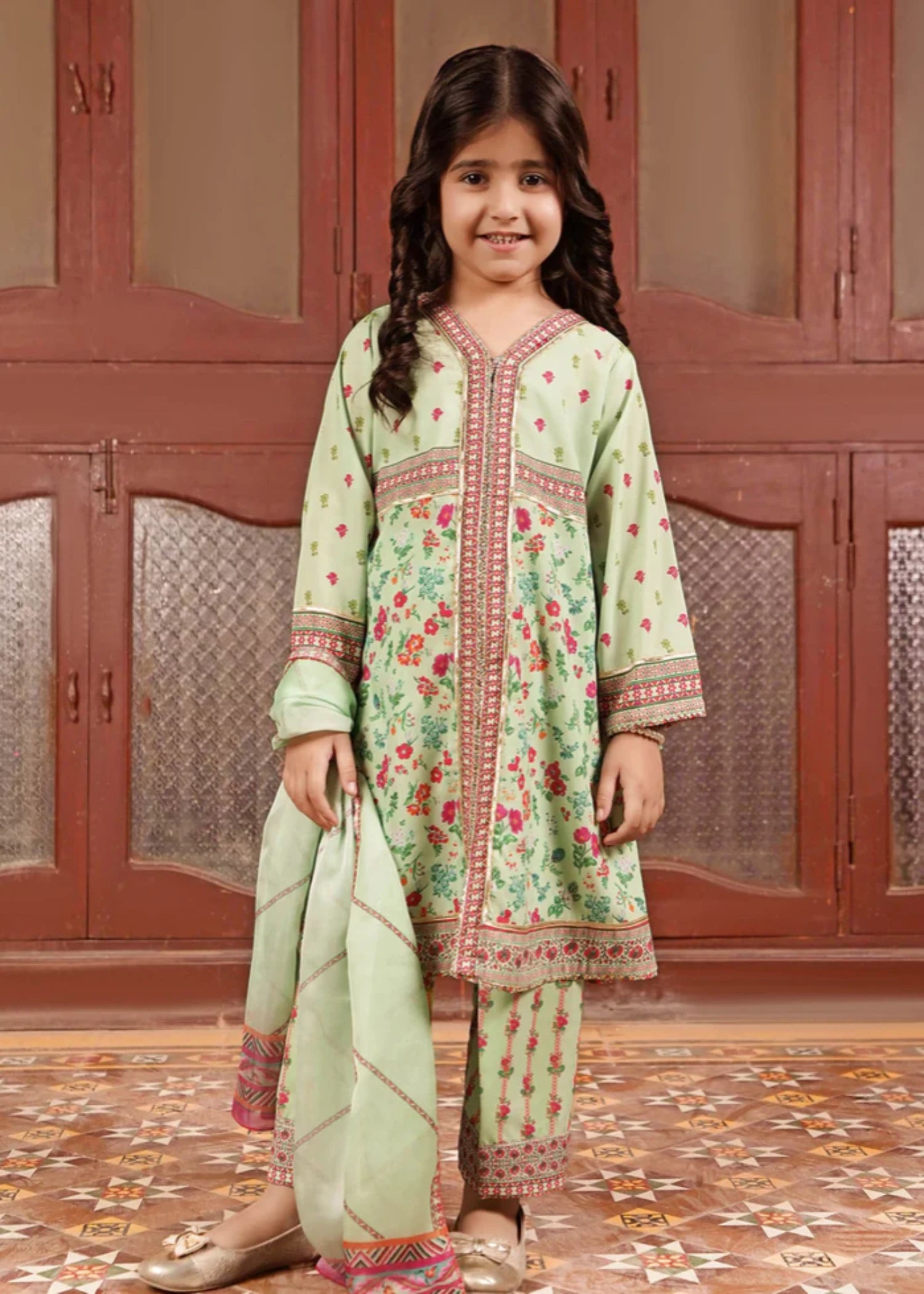 poly lawn Short Frock in Tea green
