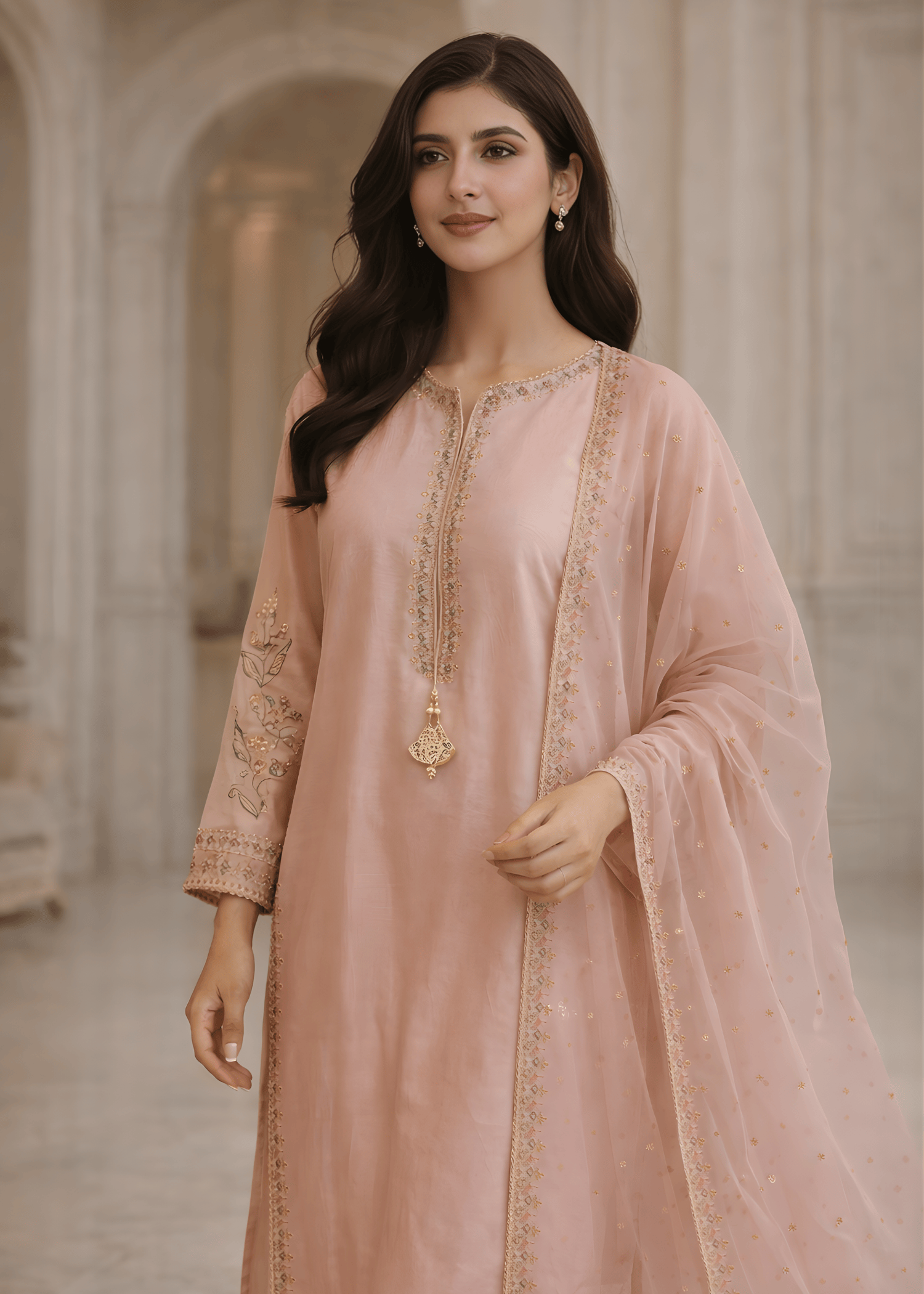 silk Kurta Set in Tea rose pink