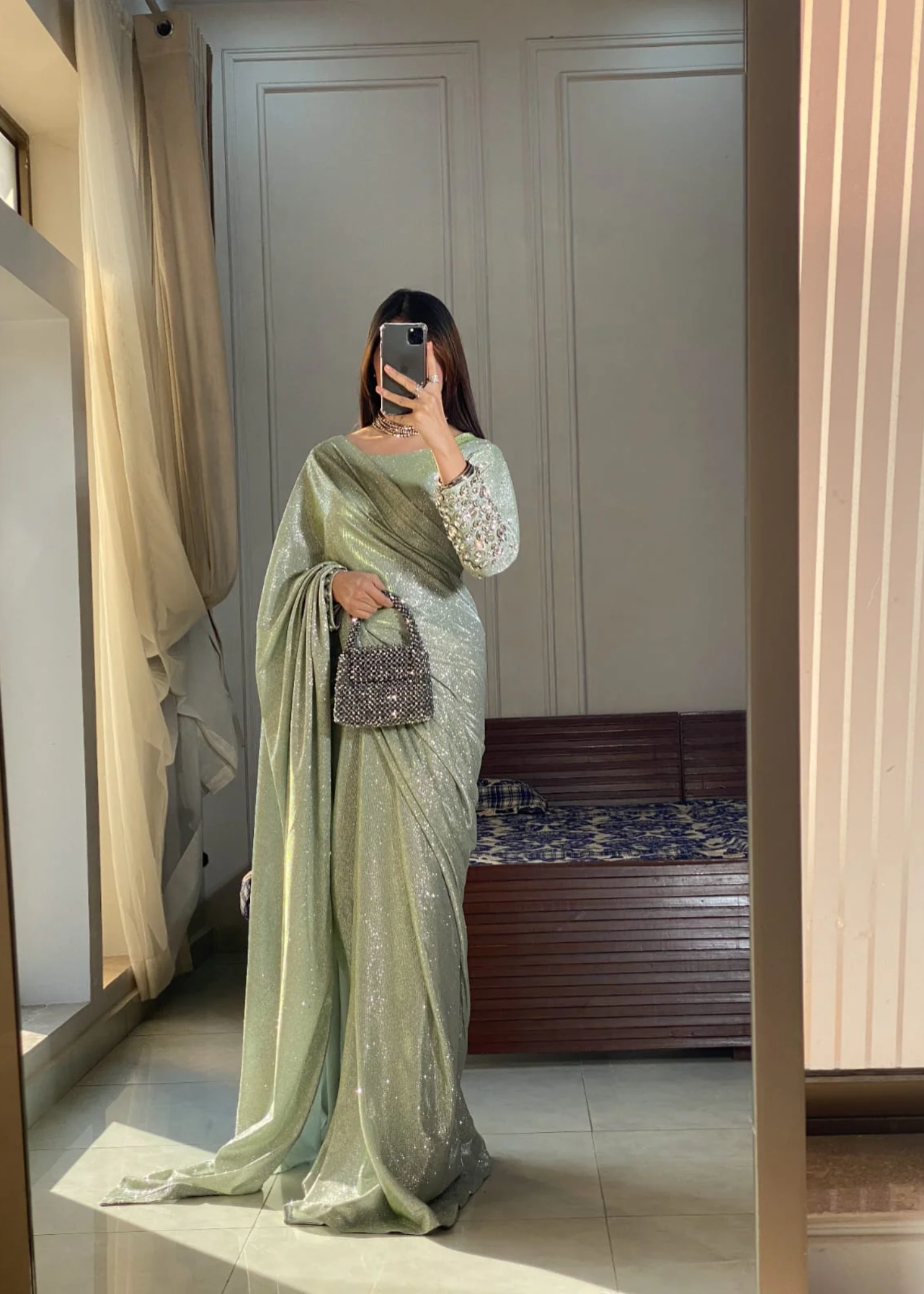 silk Saree in Mint green