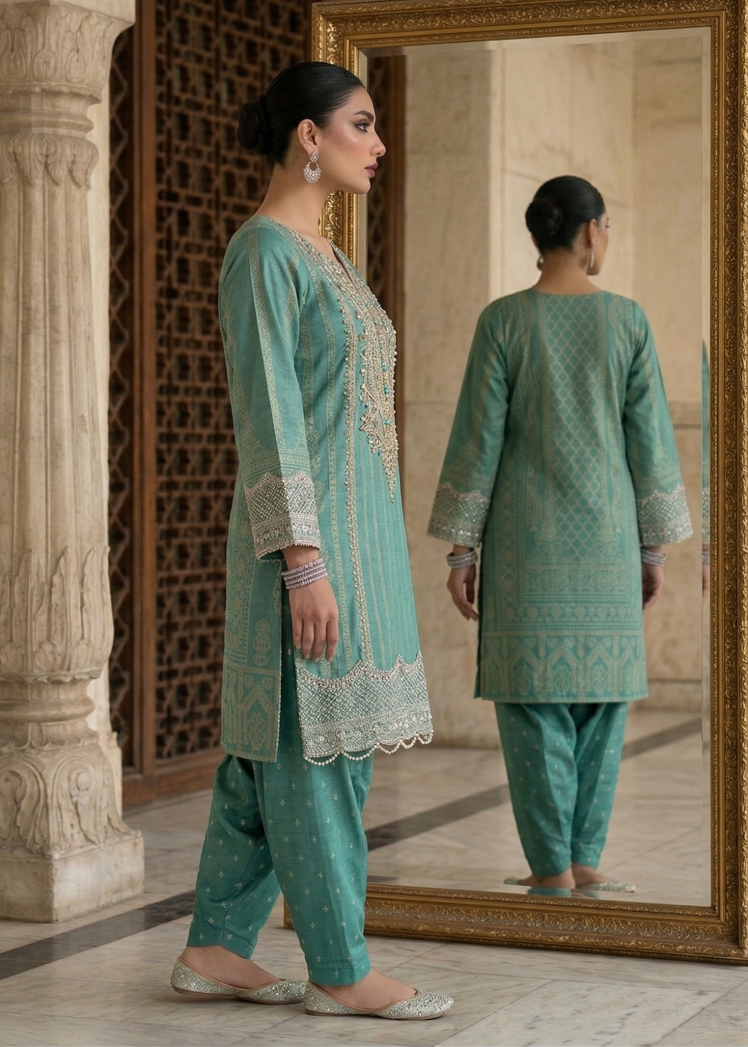 jacquard Kurta Set in Aquamarine
