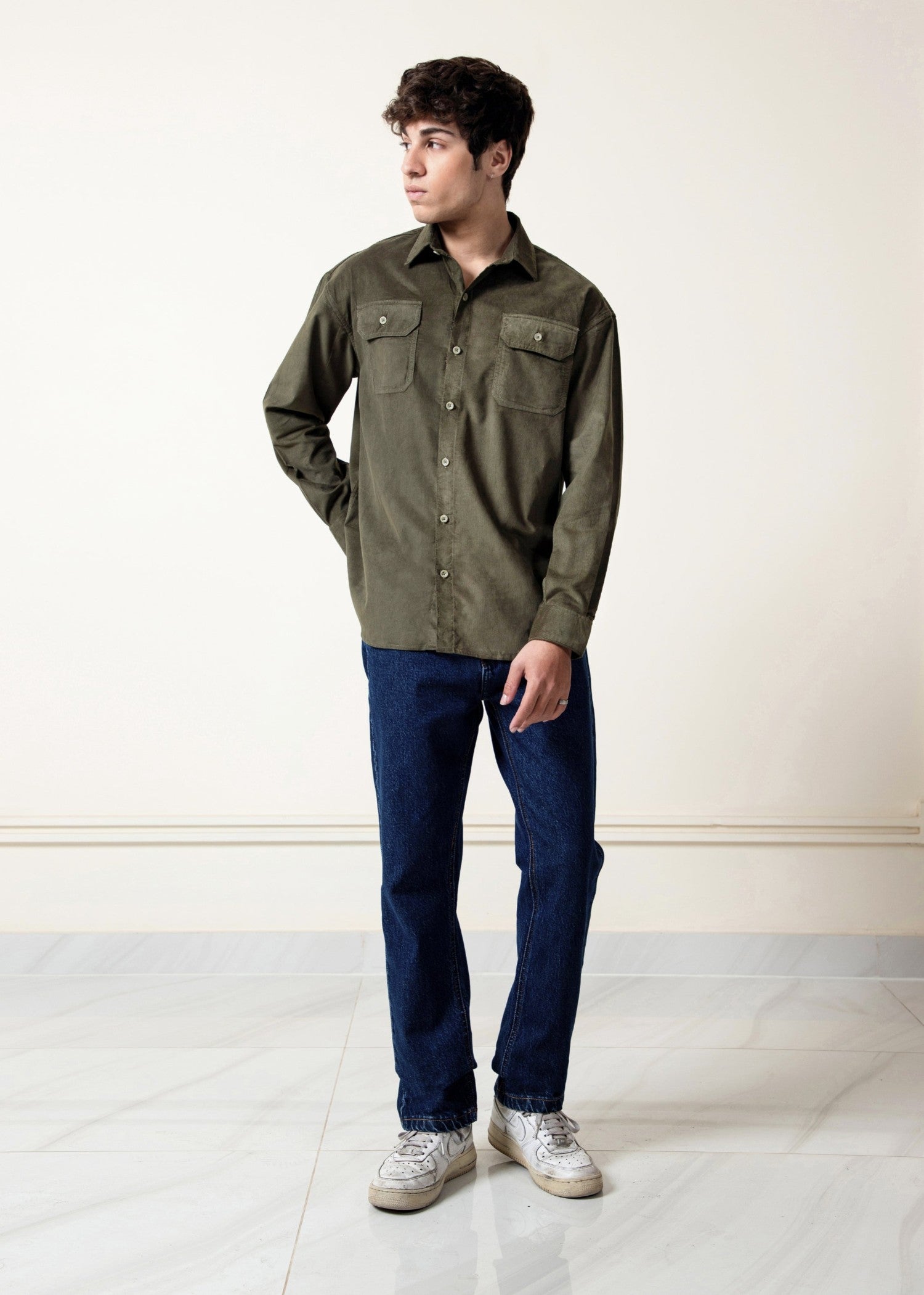 corduroy Casual Shirt in Olive green