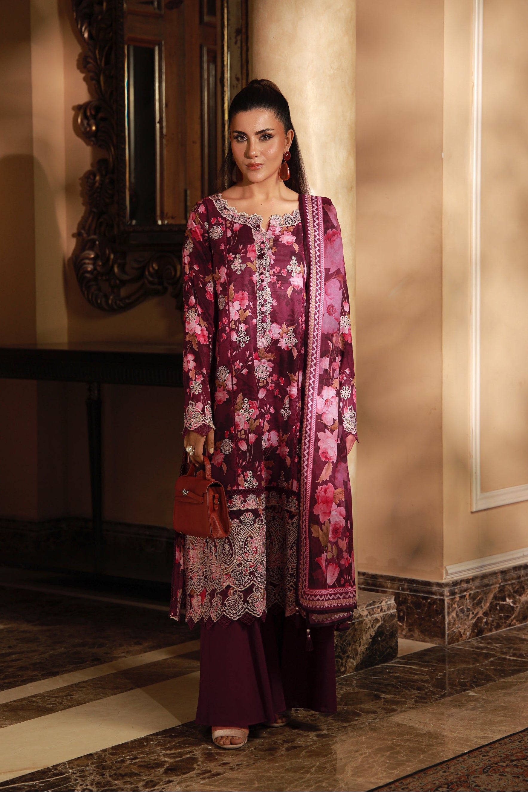 zari lawn Unstitched in Maroon