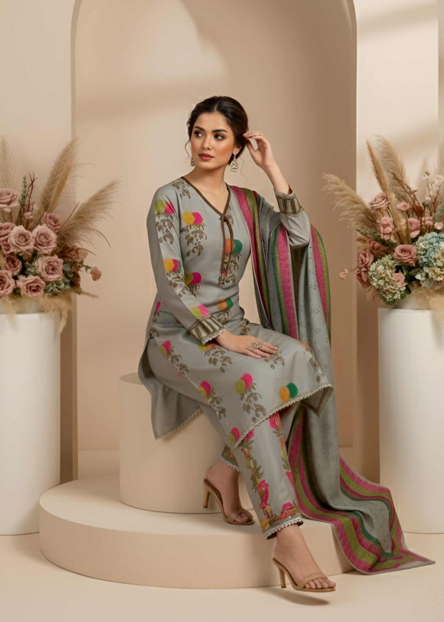 crepe Kurta Set in Grey