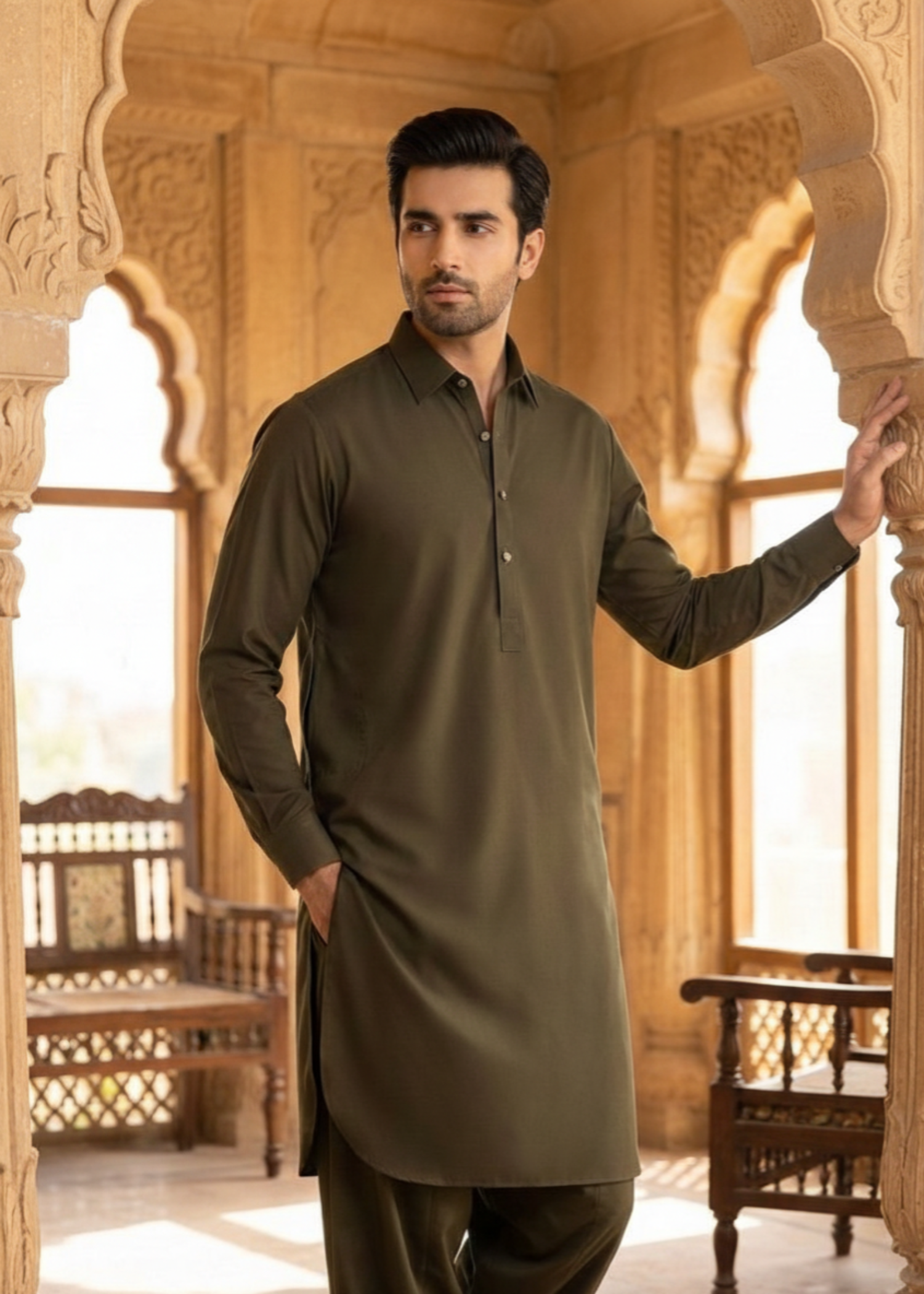 wash & wear Shalwar Kameez in Army green