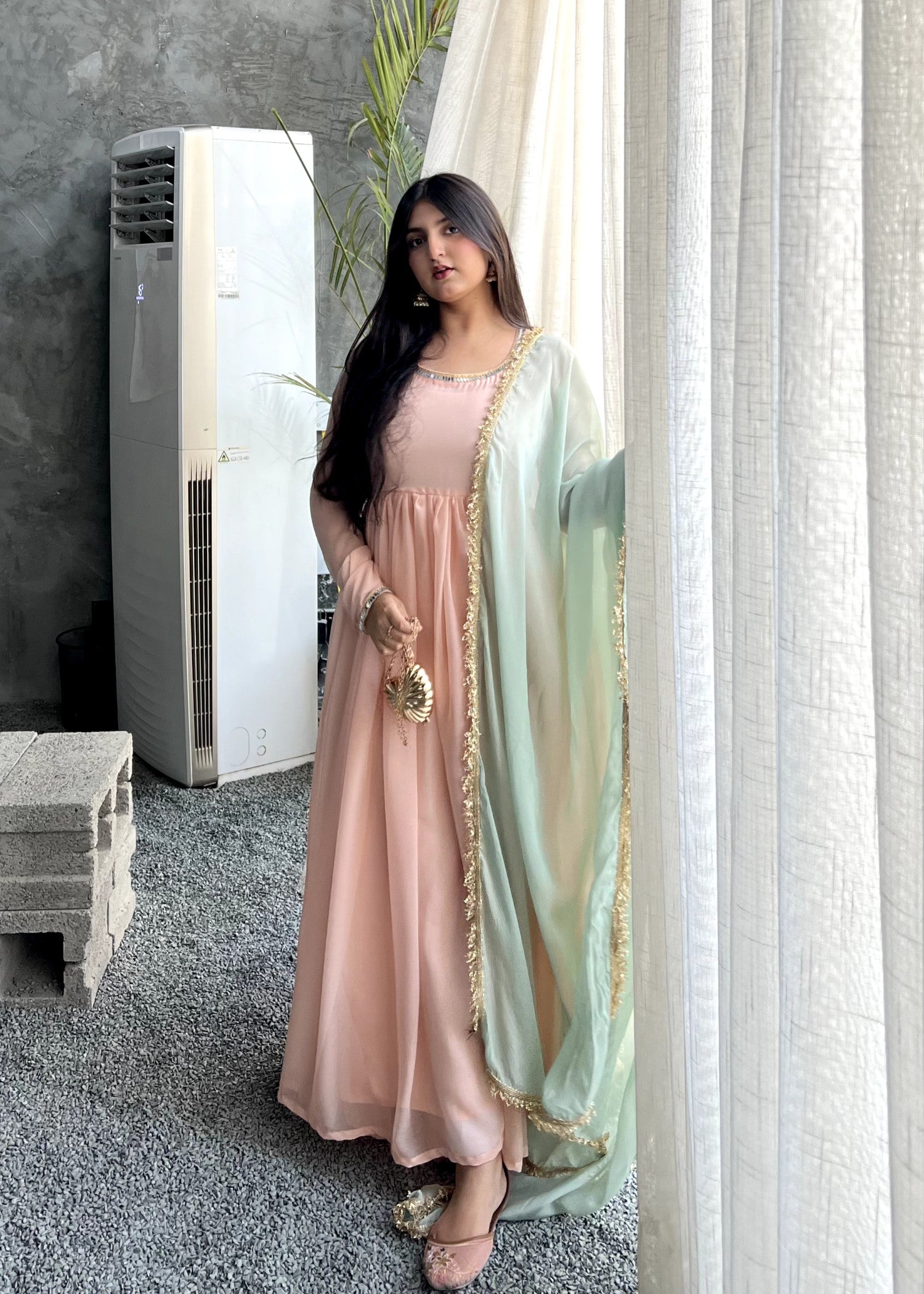 bemberg crinkle chiffon Maxi in Pink, pistachio green