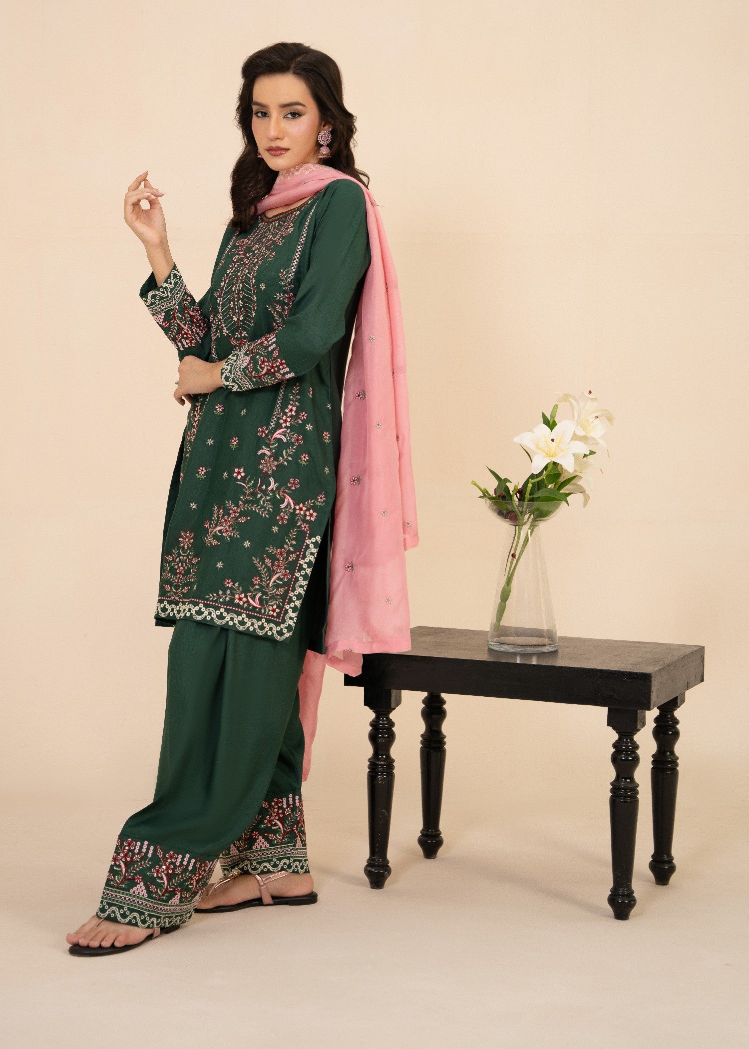 raw silk Kurta Set in Bottle green