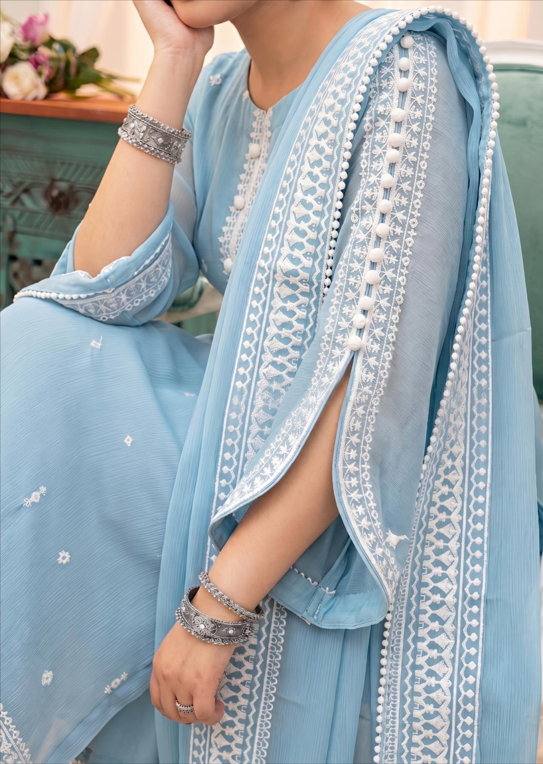 bemberg crinkle chiffon Kurta Set in Light blue