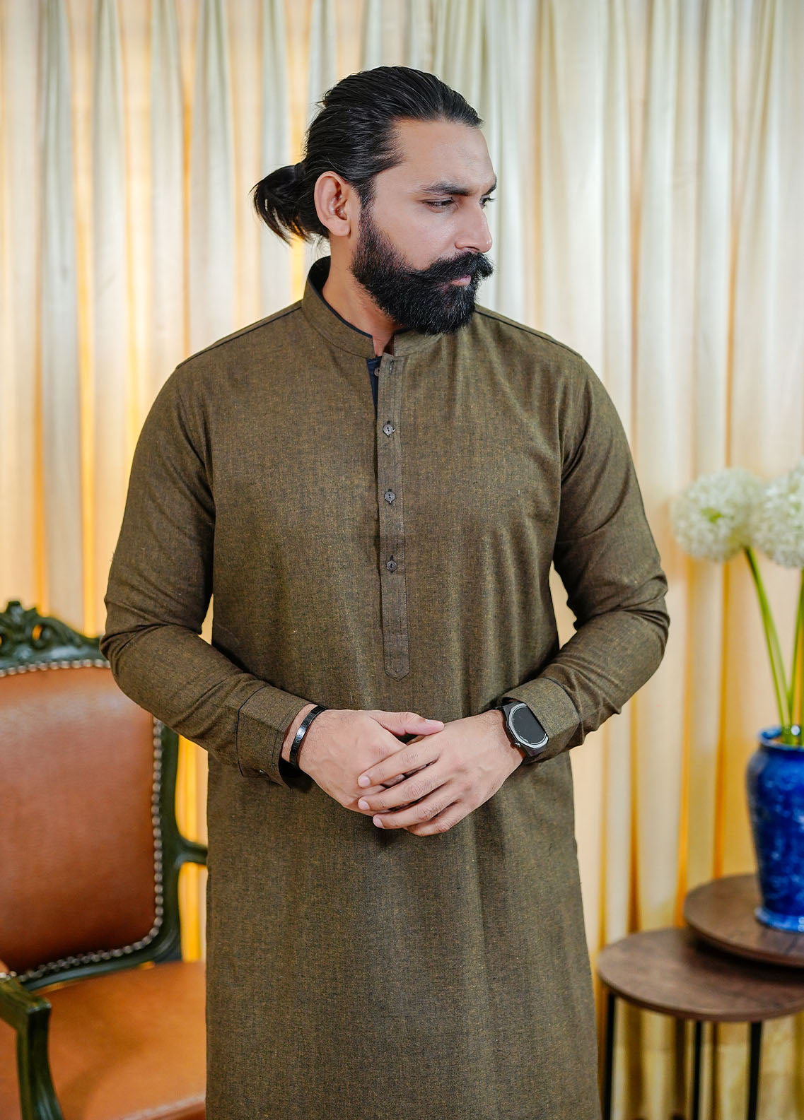 woolen karandi Shalwar Kameez in Brown