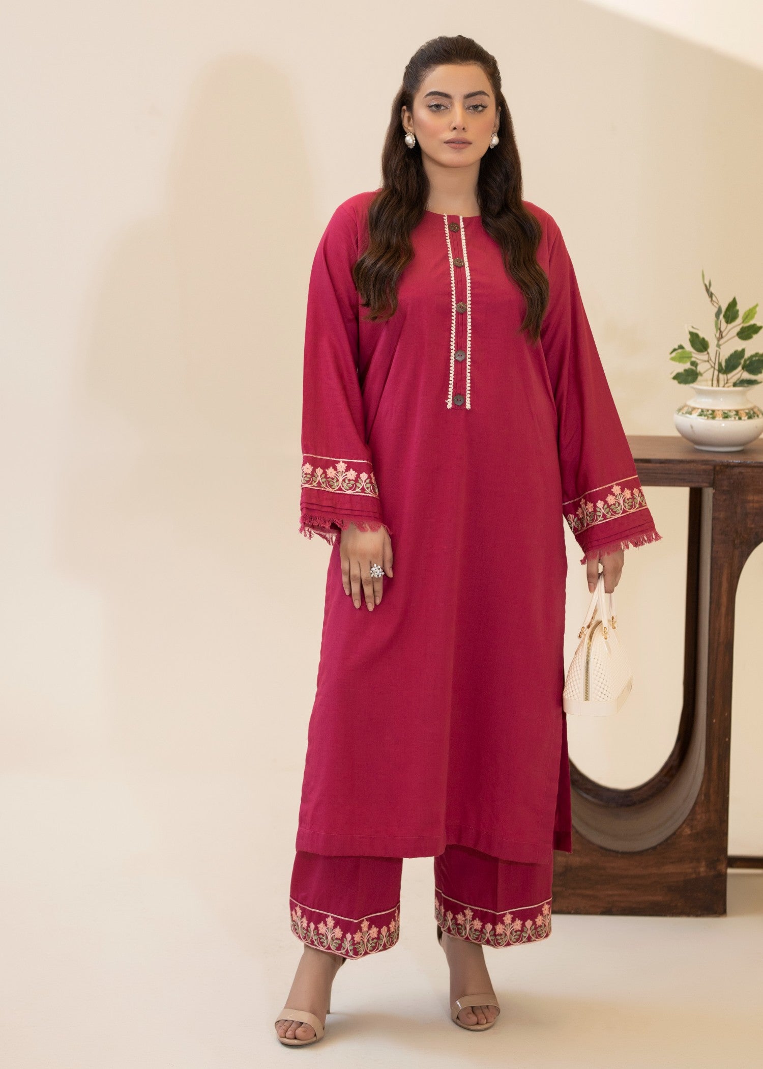 khaddar Kurta Set in Shocking pink