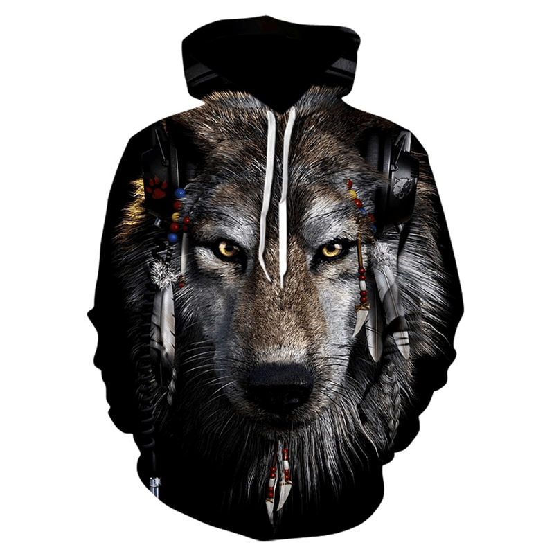 Wolf Head Print Men'S Hoodie Sweater Digital