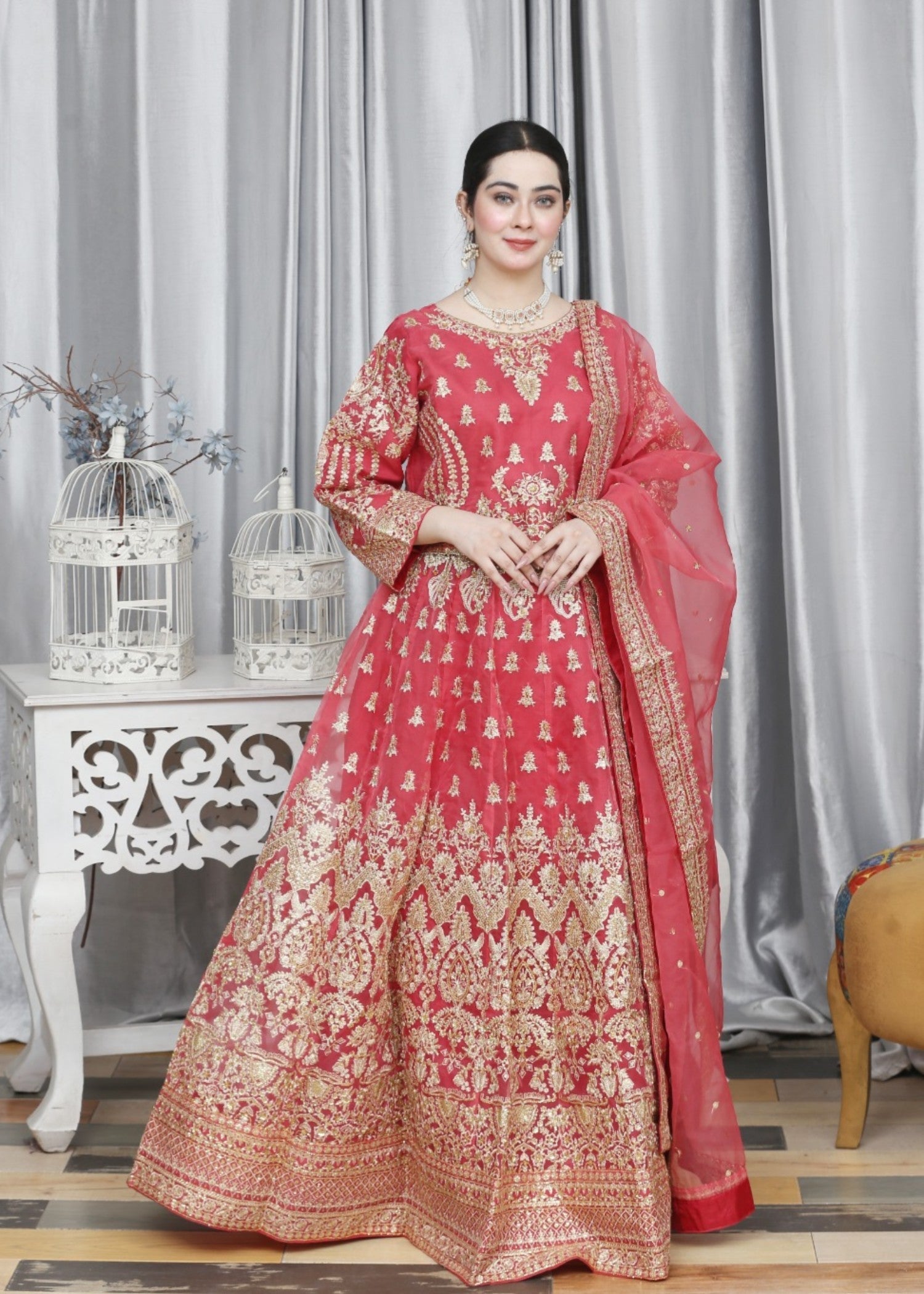 organza Lehenga in Spicy red