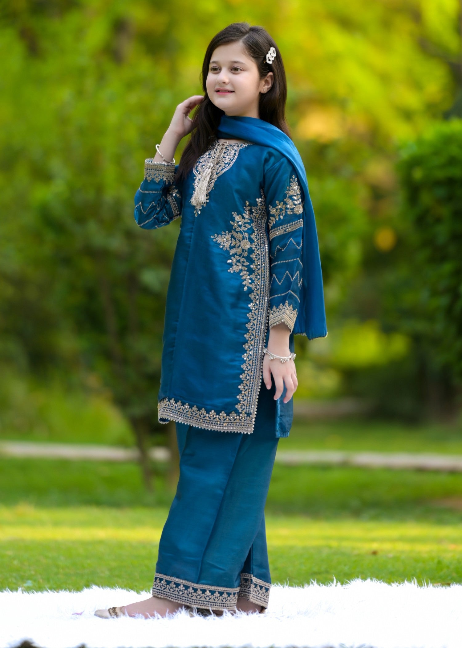 silk Kurta Set in Yale blue