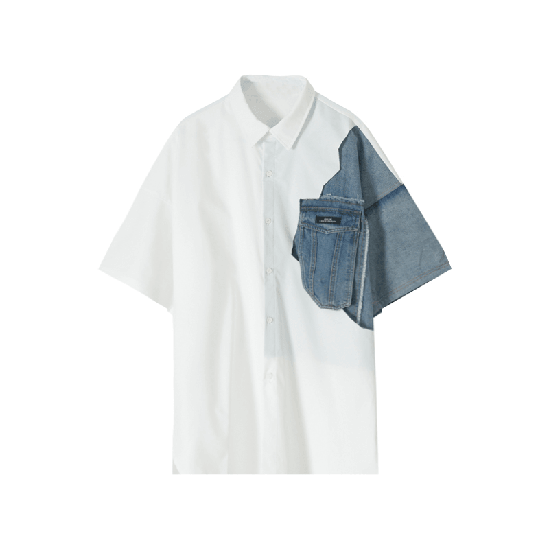 White Denim Shirt with Square Neck and Short Sleeves