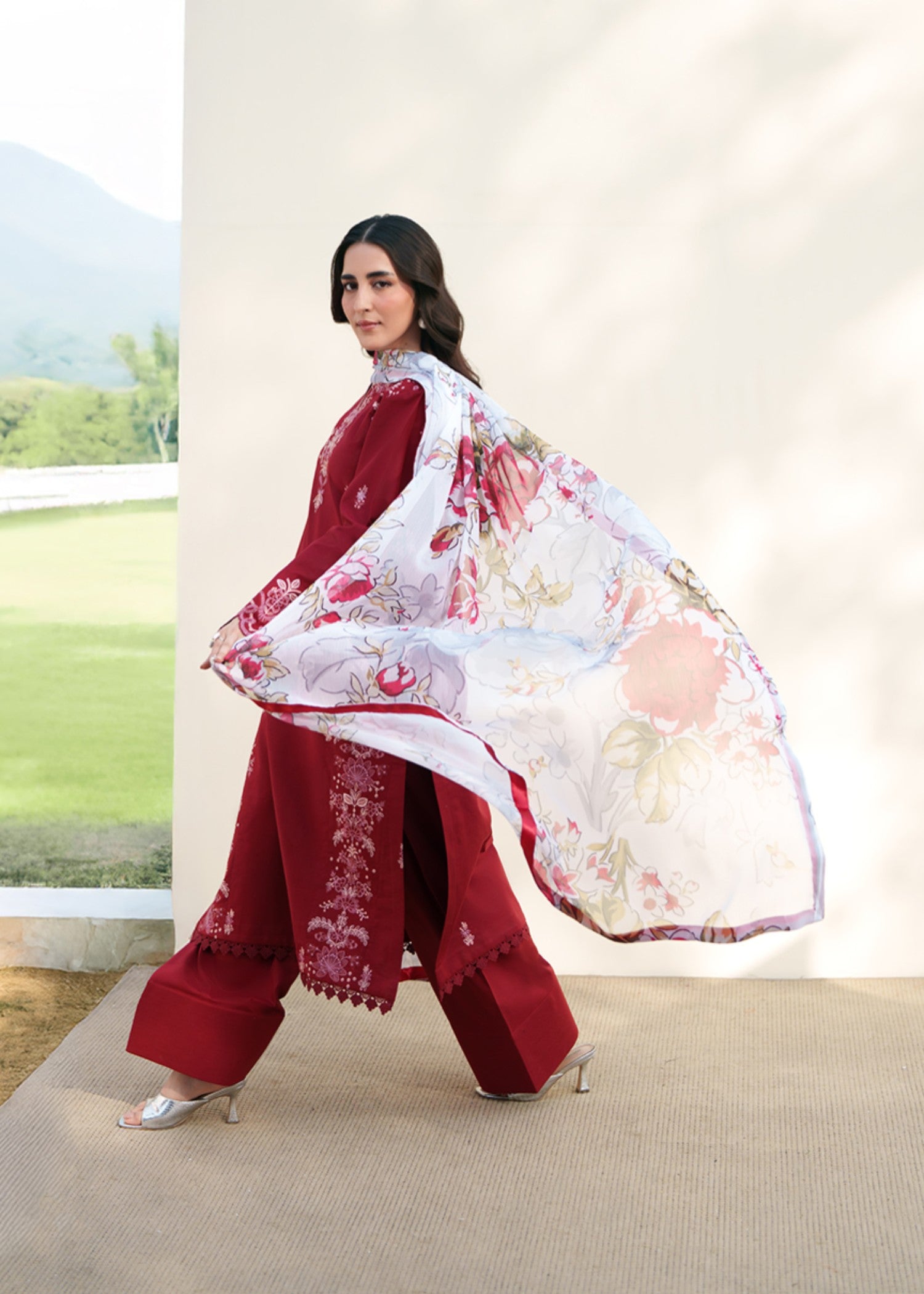 lawn Kurta Set in Scarlet