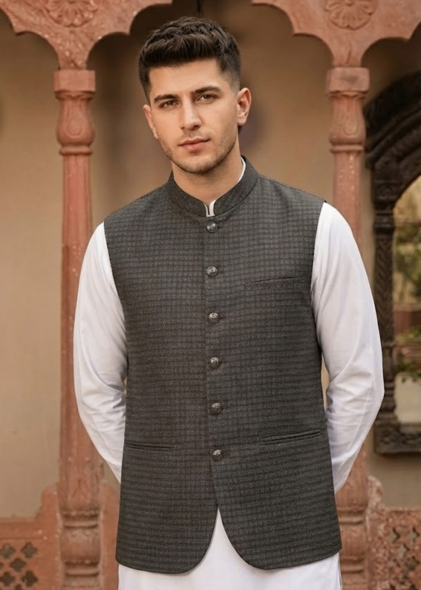 yarn dyed Waistcoat in Brown
