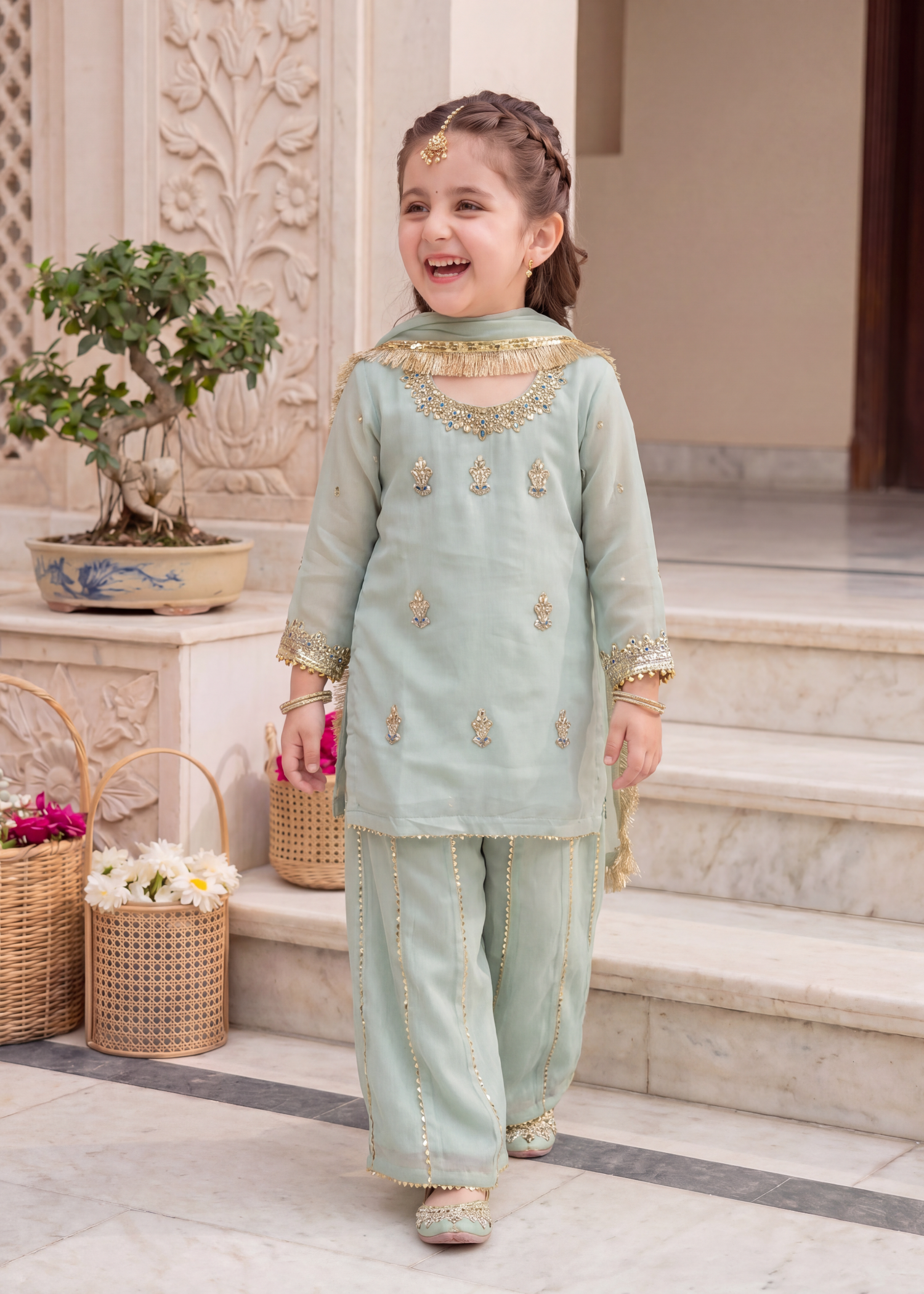 chiffon Kurta Set in Tea green