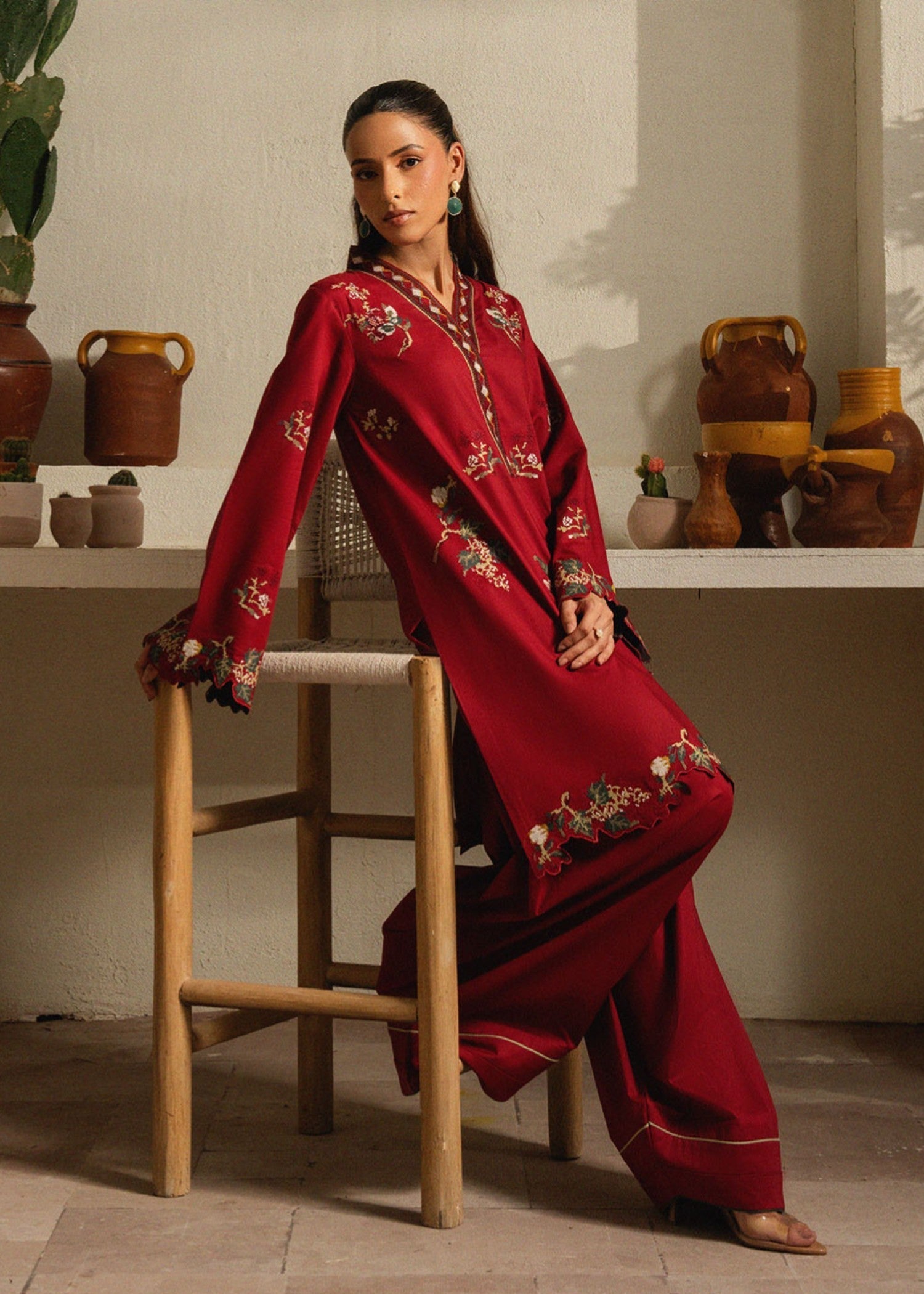lawn cotton Kurta Set in Cardinal red