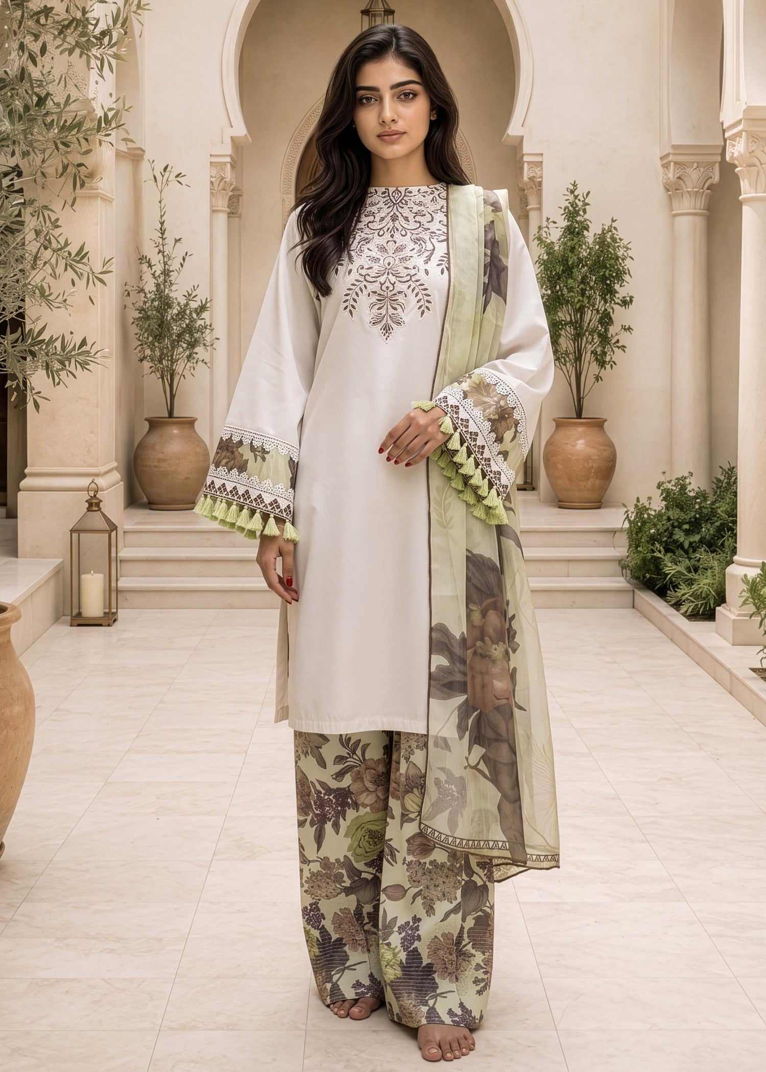lawn cotton Kurta Set in Off-white