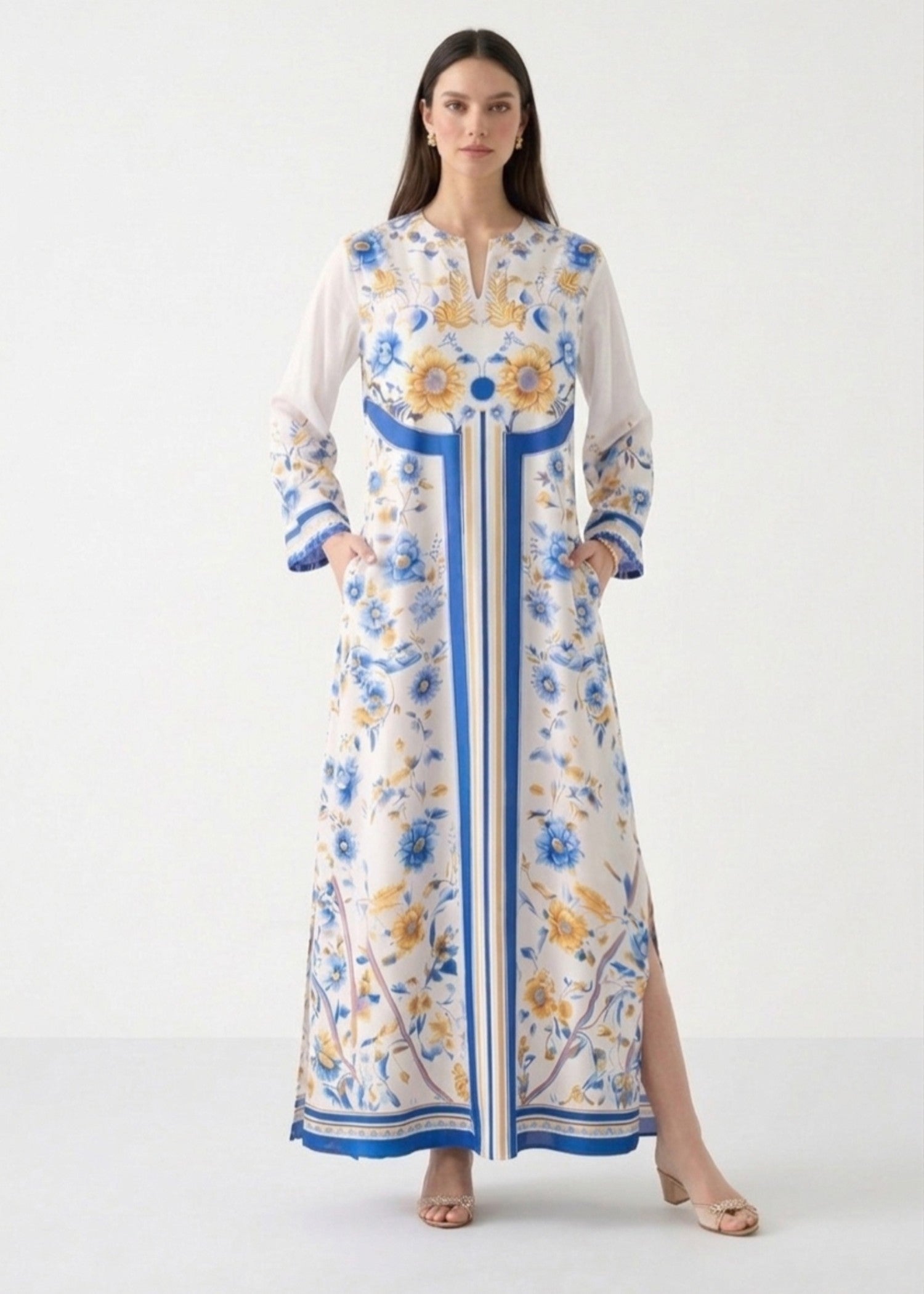 crepe Kaftan in Blue, ivory