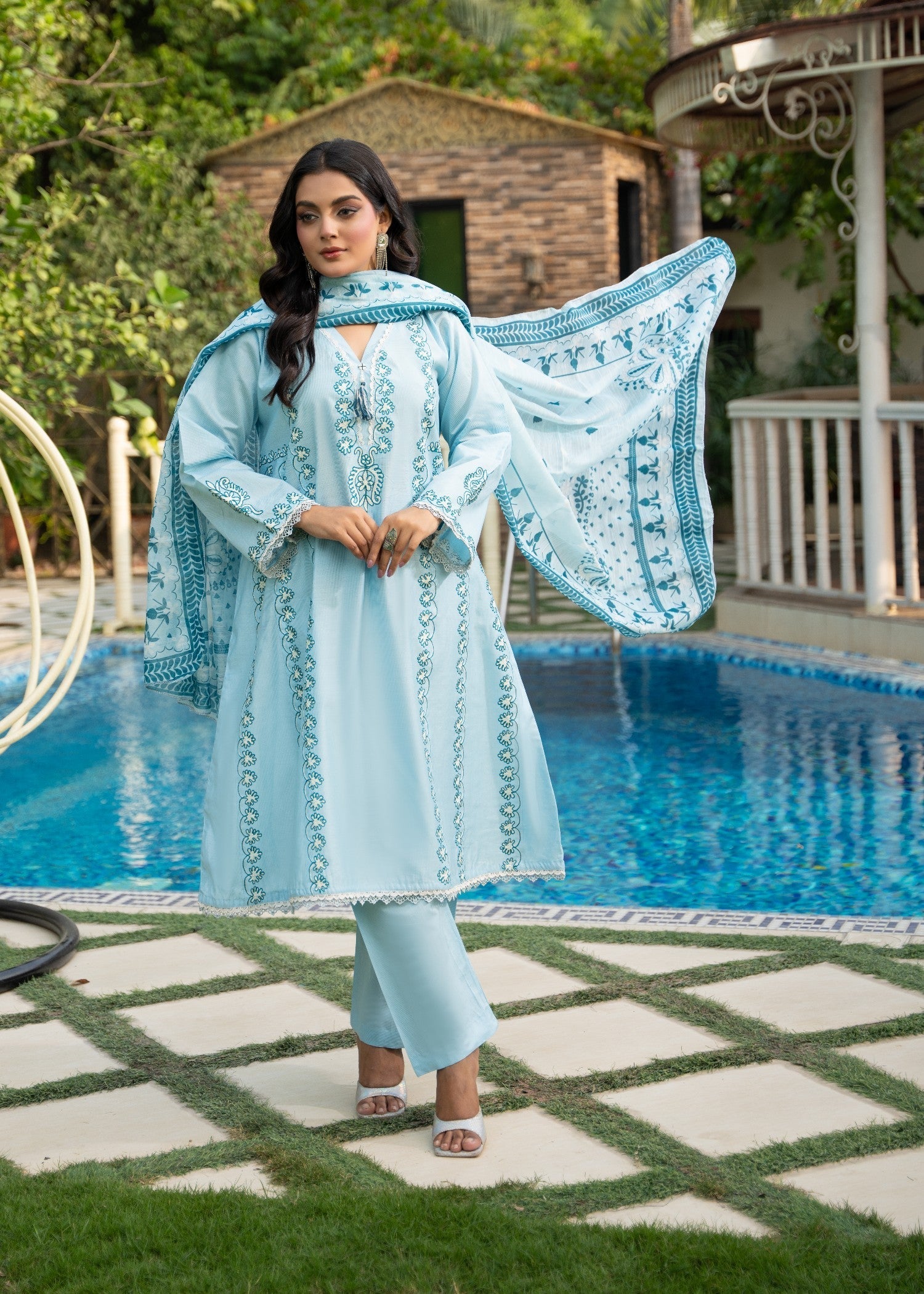 khaddi net Pishwas in Sky blue