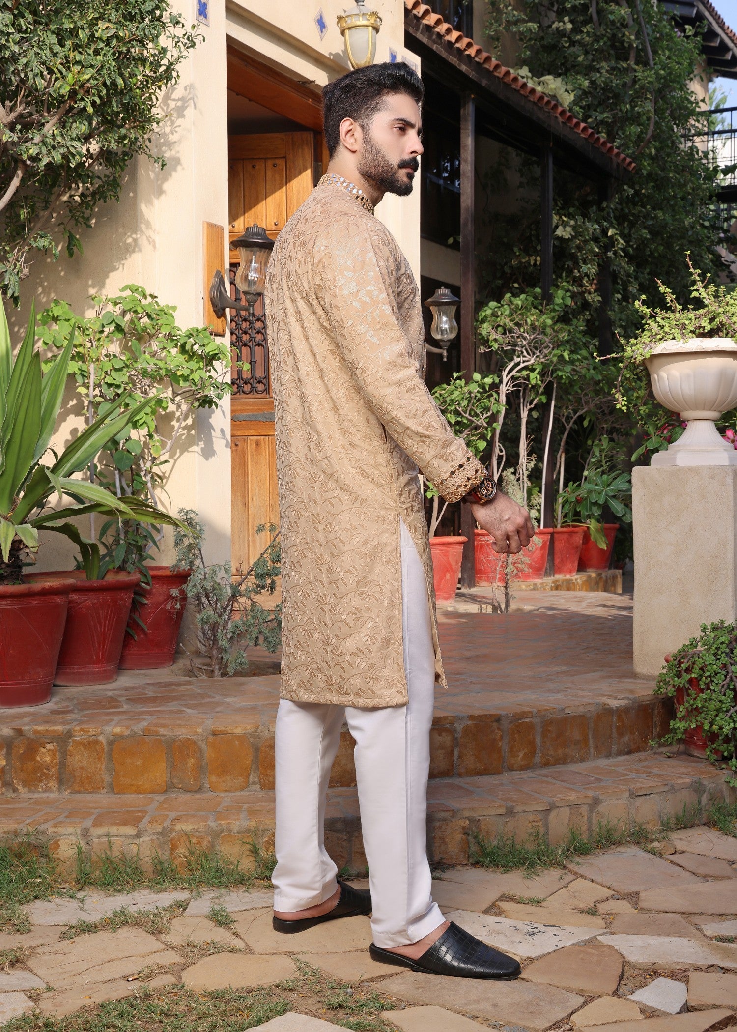 jamawar Kurta Set in Beige