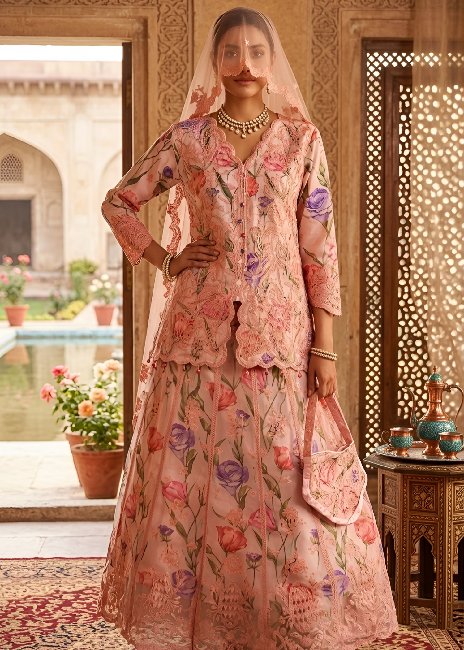 net Lehenga in Peach pink
