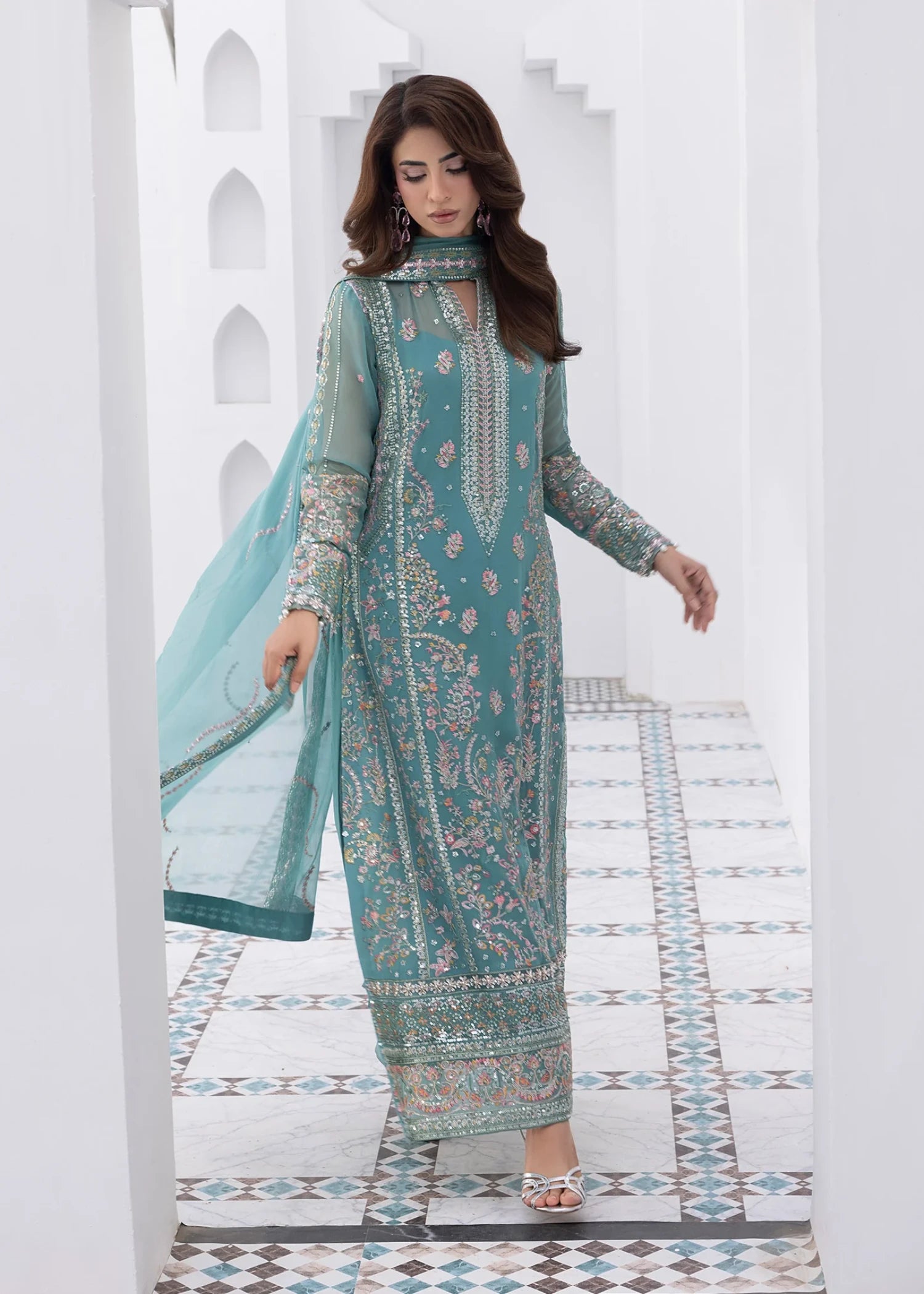 chiffon Kurta Set in Ice blue