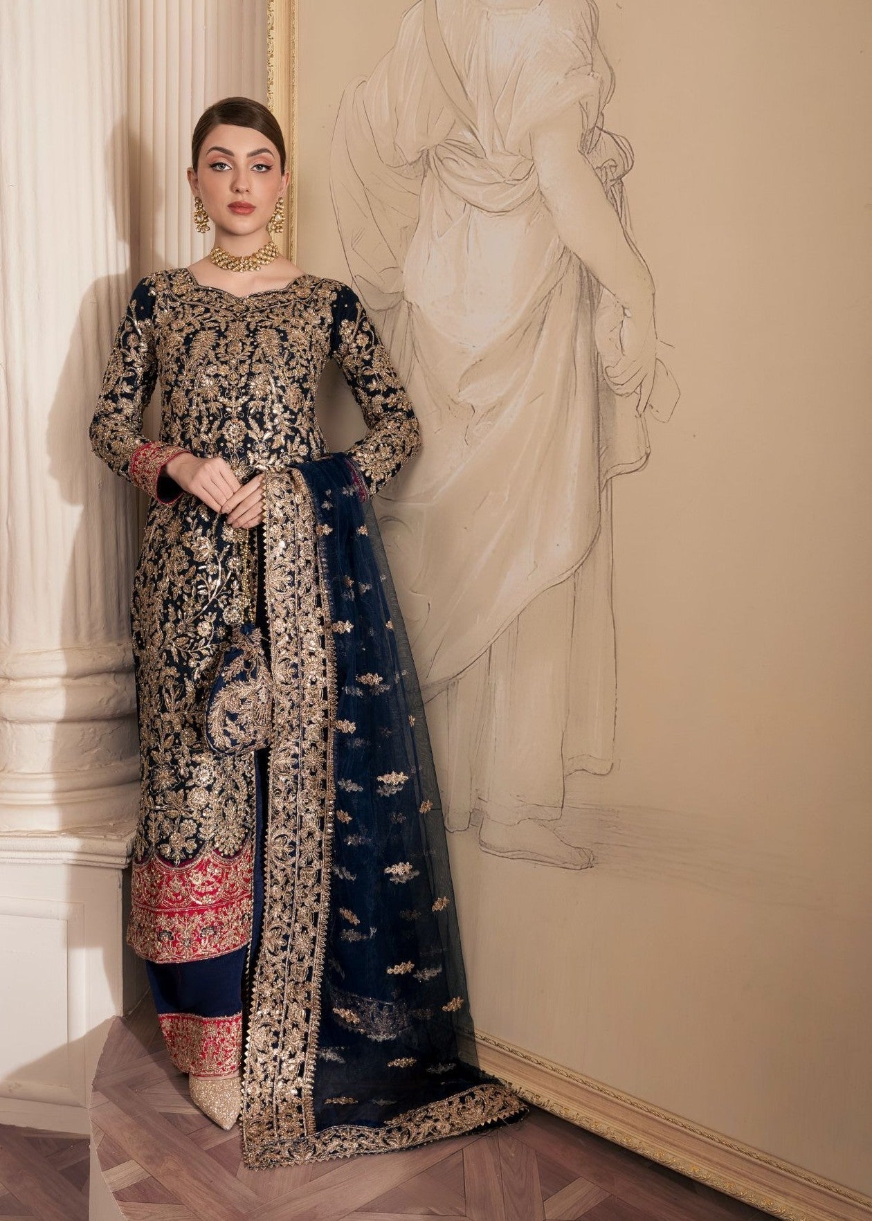 net Kurta Set in Navy blue