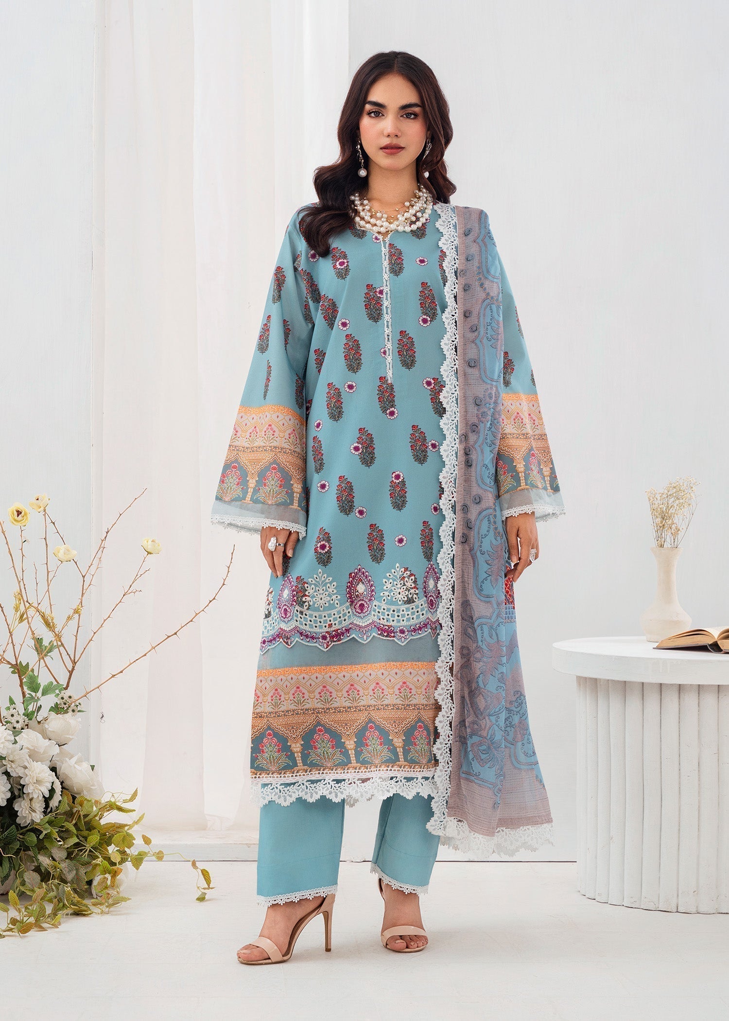 lawn Kurta Set in Frost blue