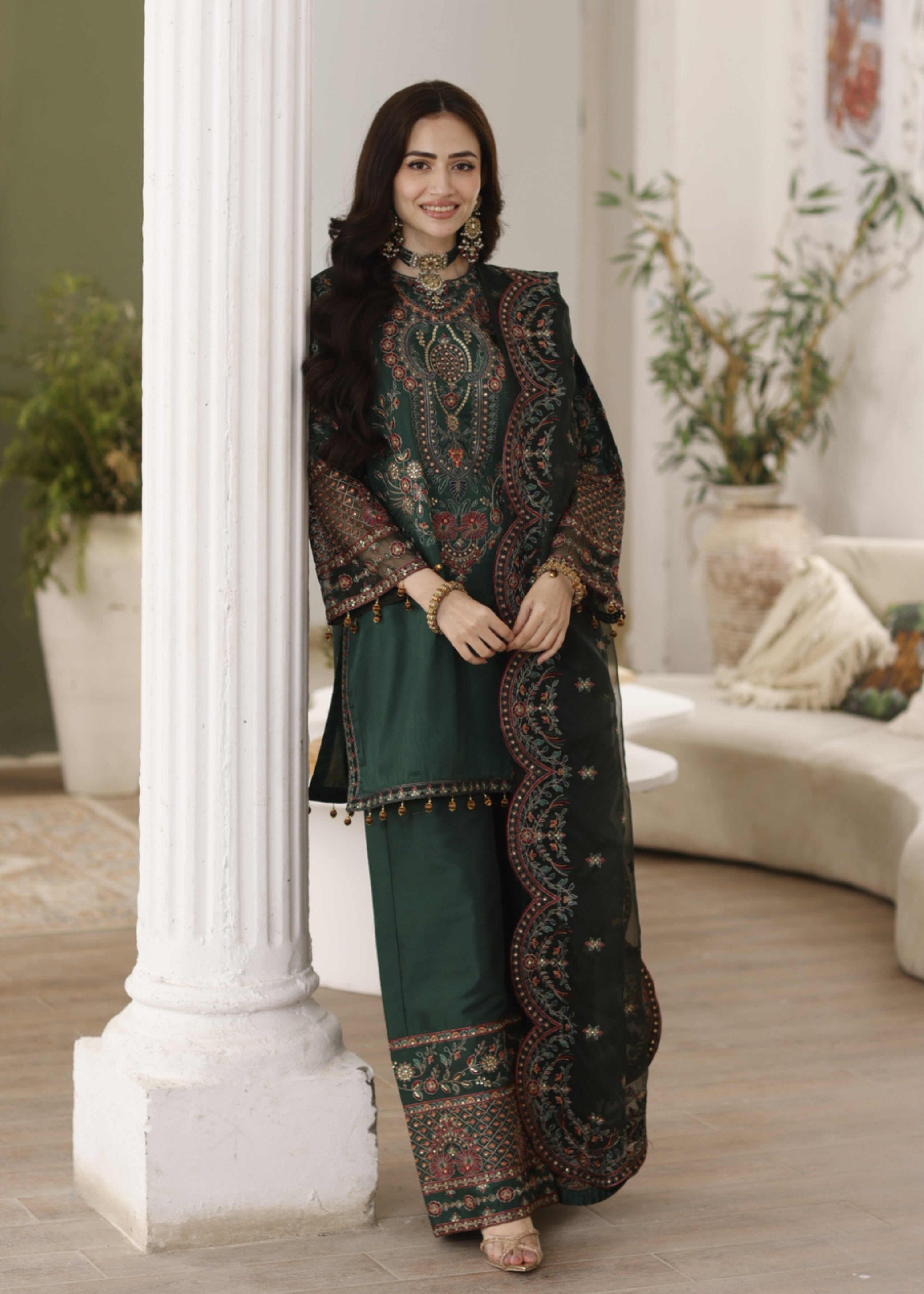 raw silk Kurta Set in Dark green