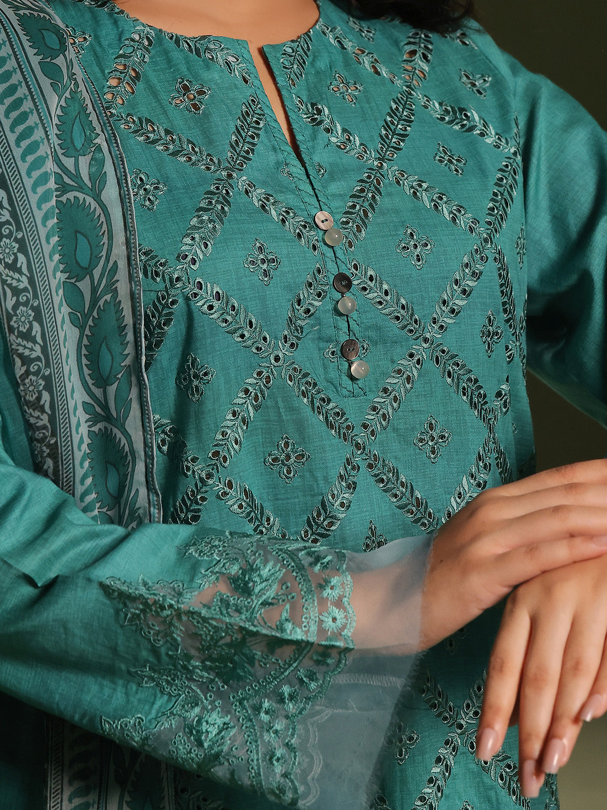 cambric Kurta Set in Pine green