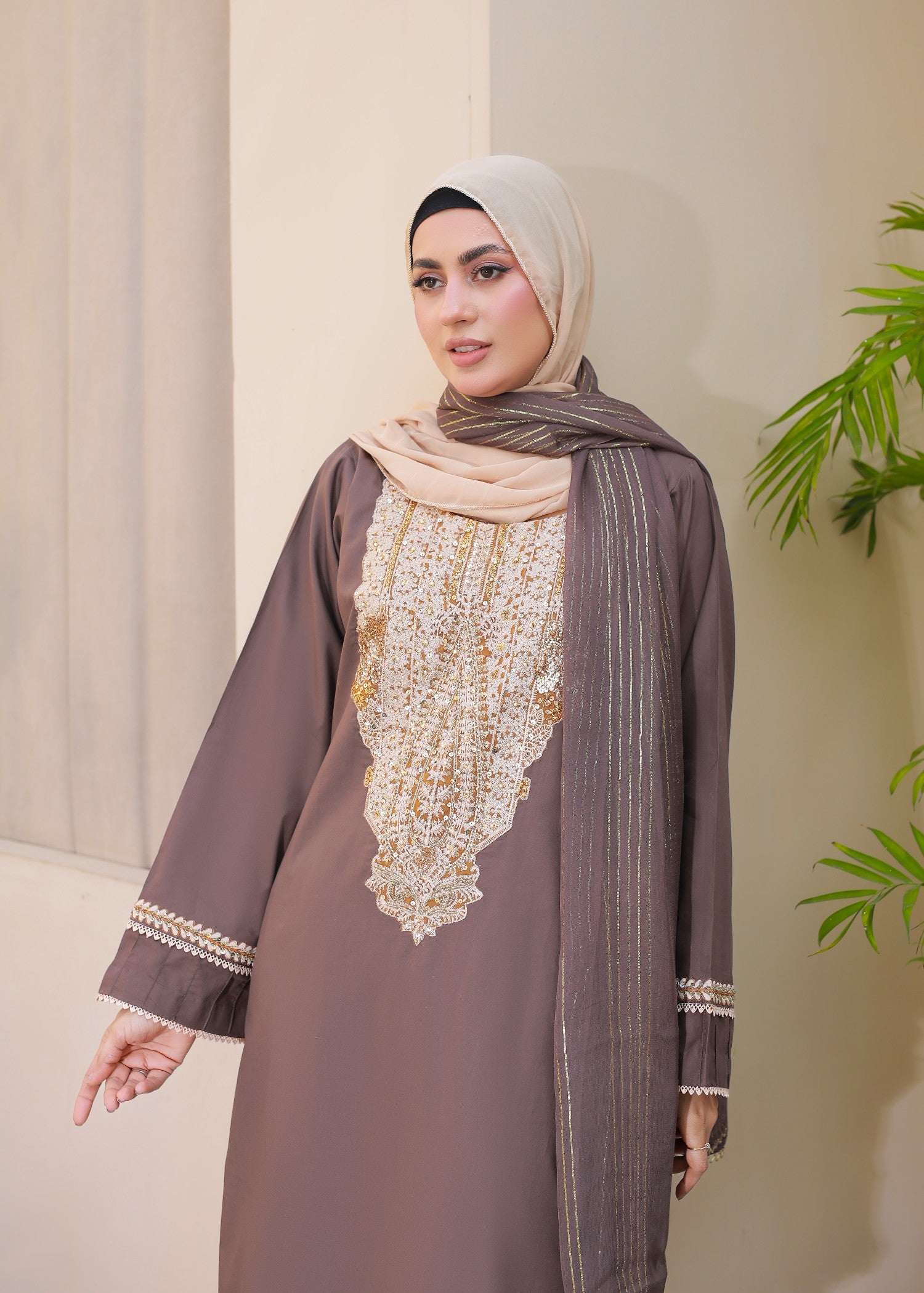 lawn cotton Kurta Set in Mocha brown