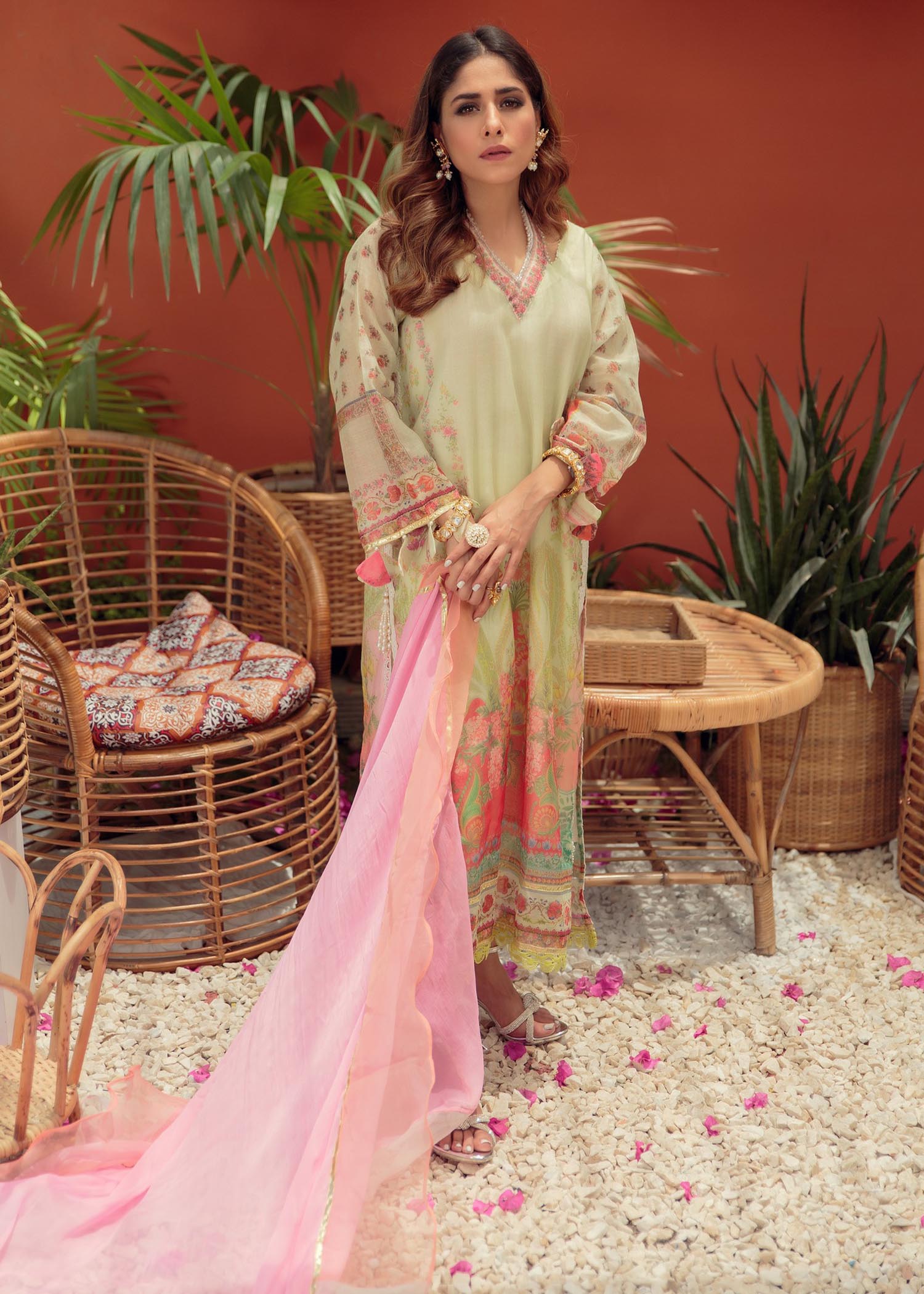 khaddi net Kurta Set in Lemon