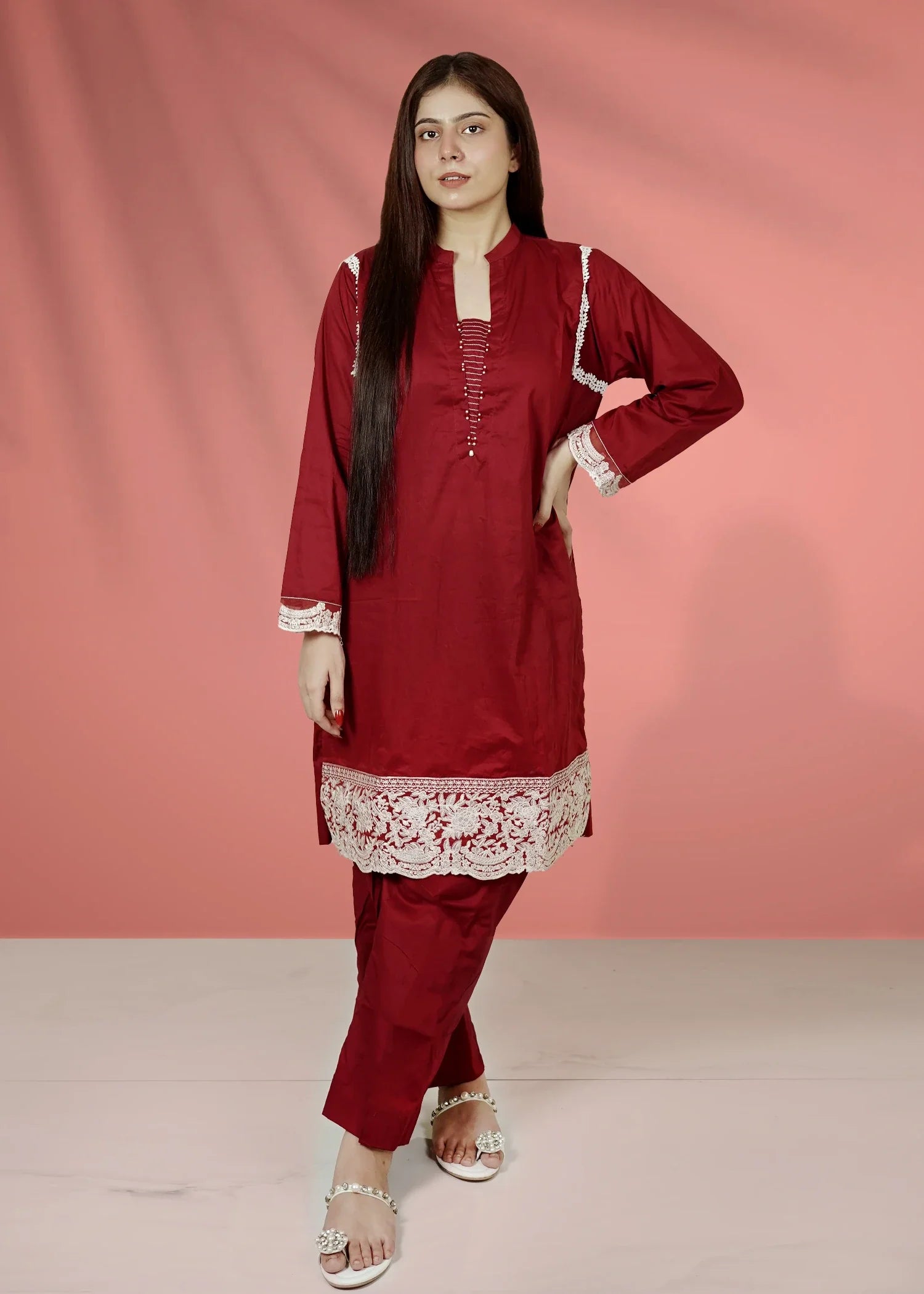 cotton Kurta Set in Cherry red