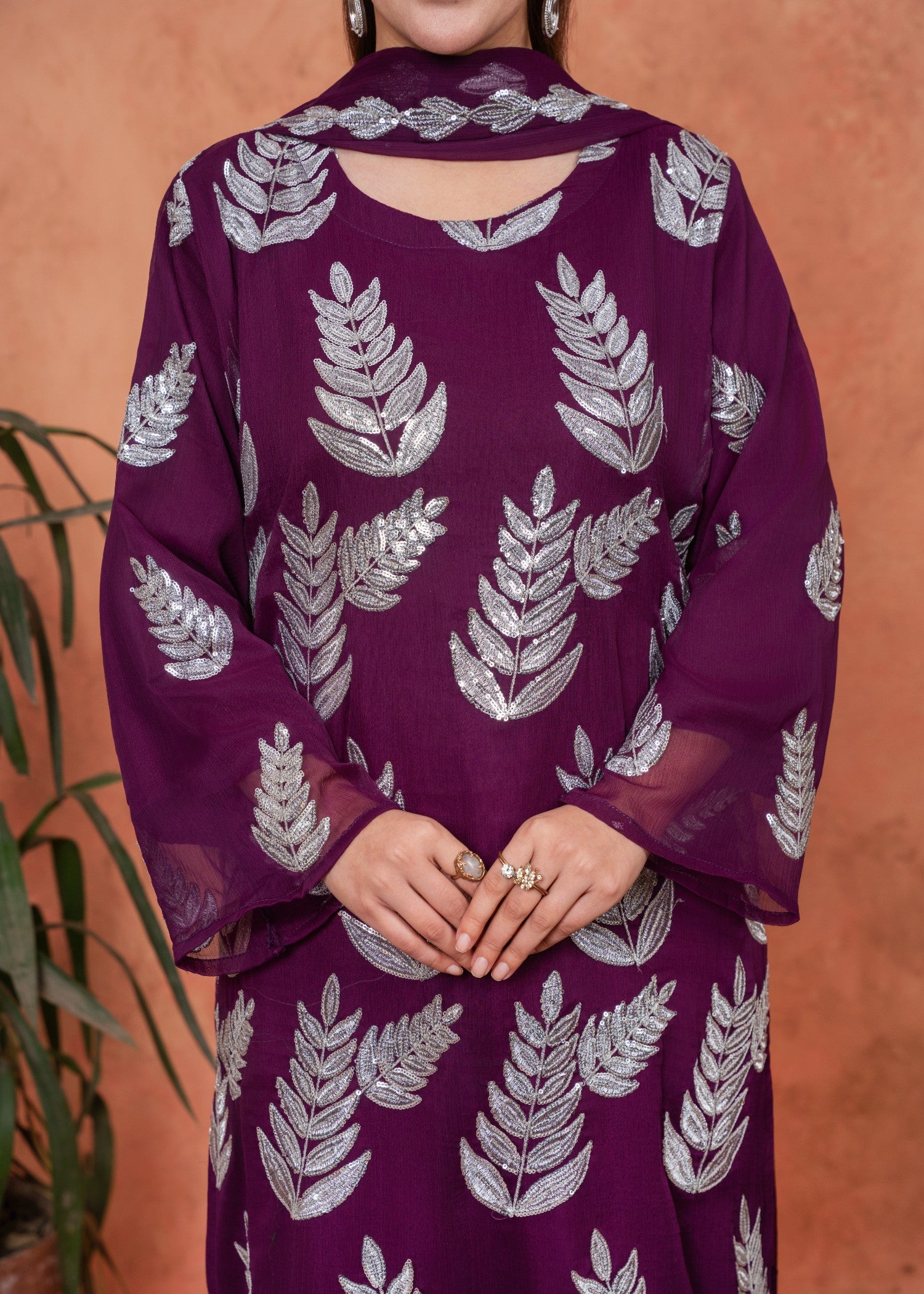crinkle chiffon Kurta Set in Purple