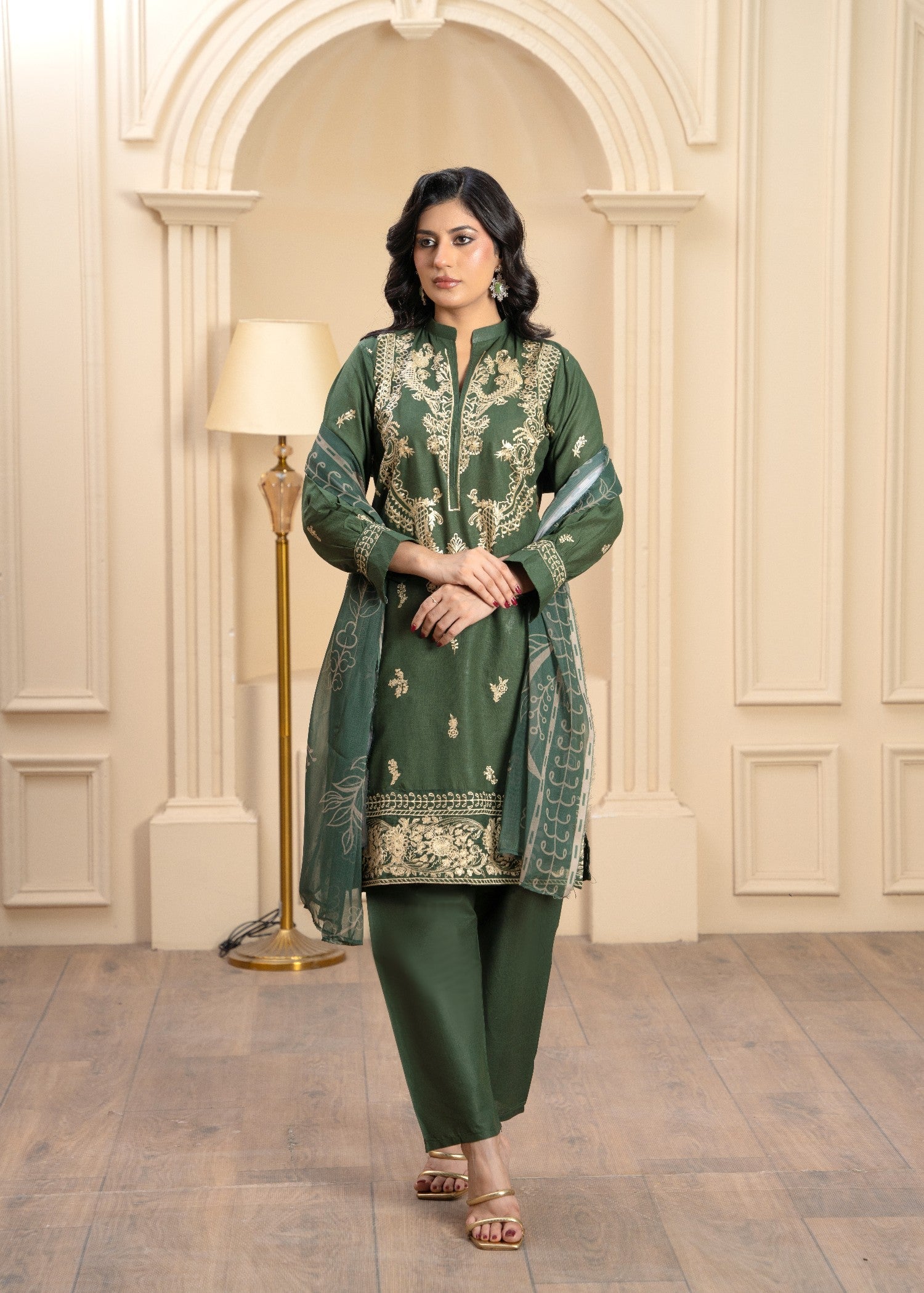 cambric Kurta Set in Olive green