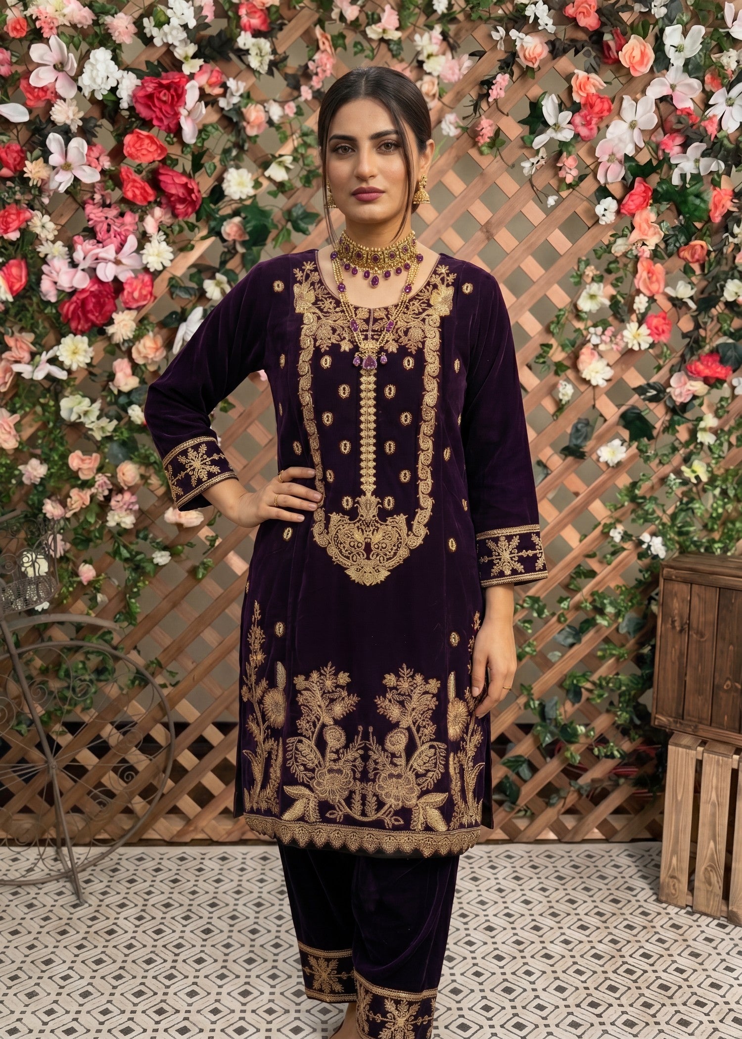 velvet Kurta Set in Purple