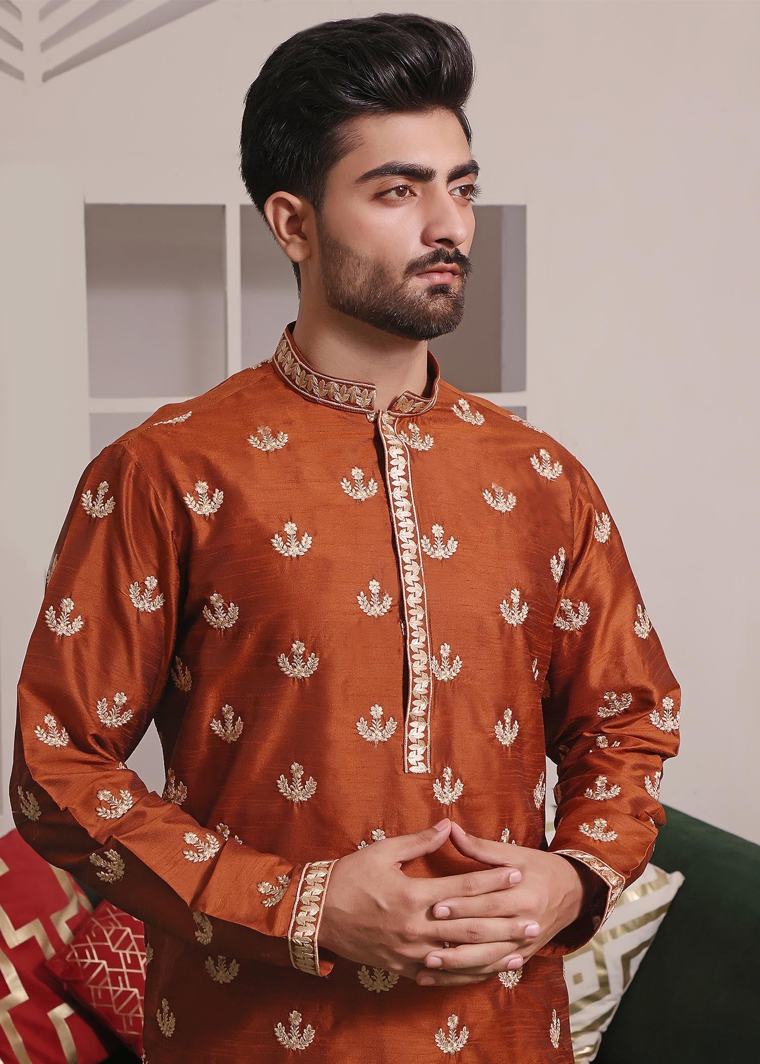 raw silk Kurta Set in Orange