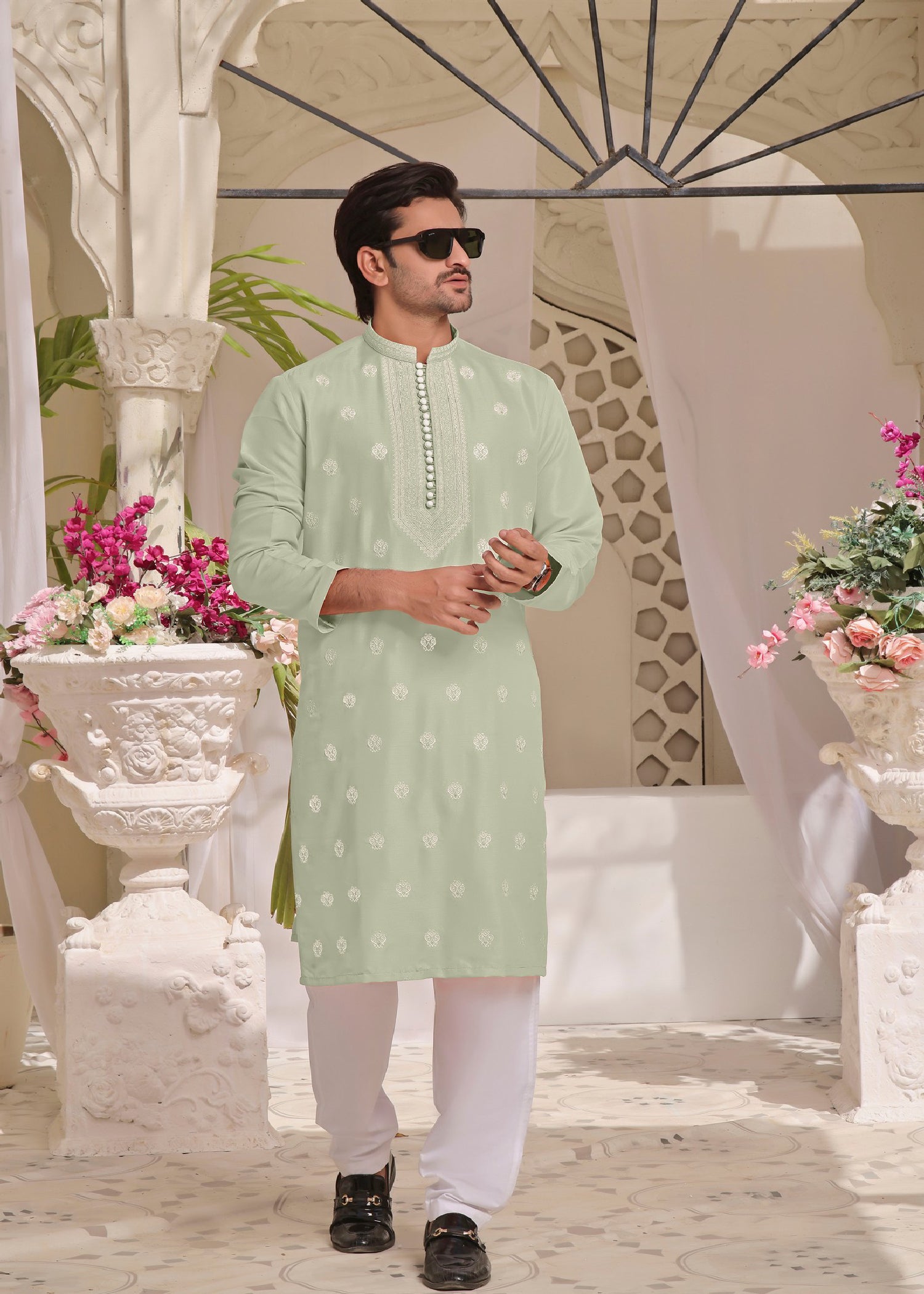 raw silk Kurta Set in Mint green by The Great Masters (TGM)