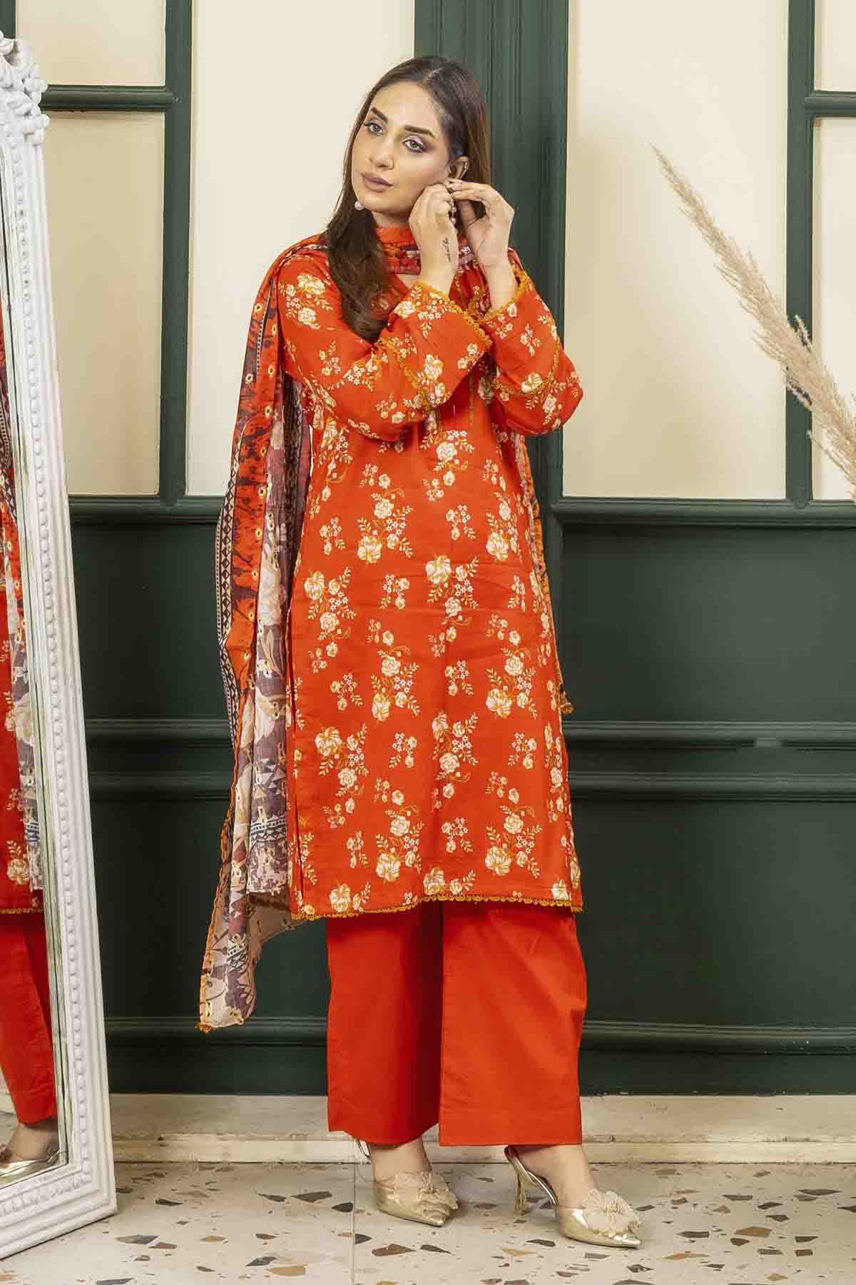 lawn voile Kurta Set in Coral orange