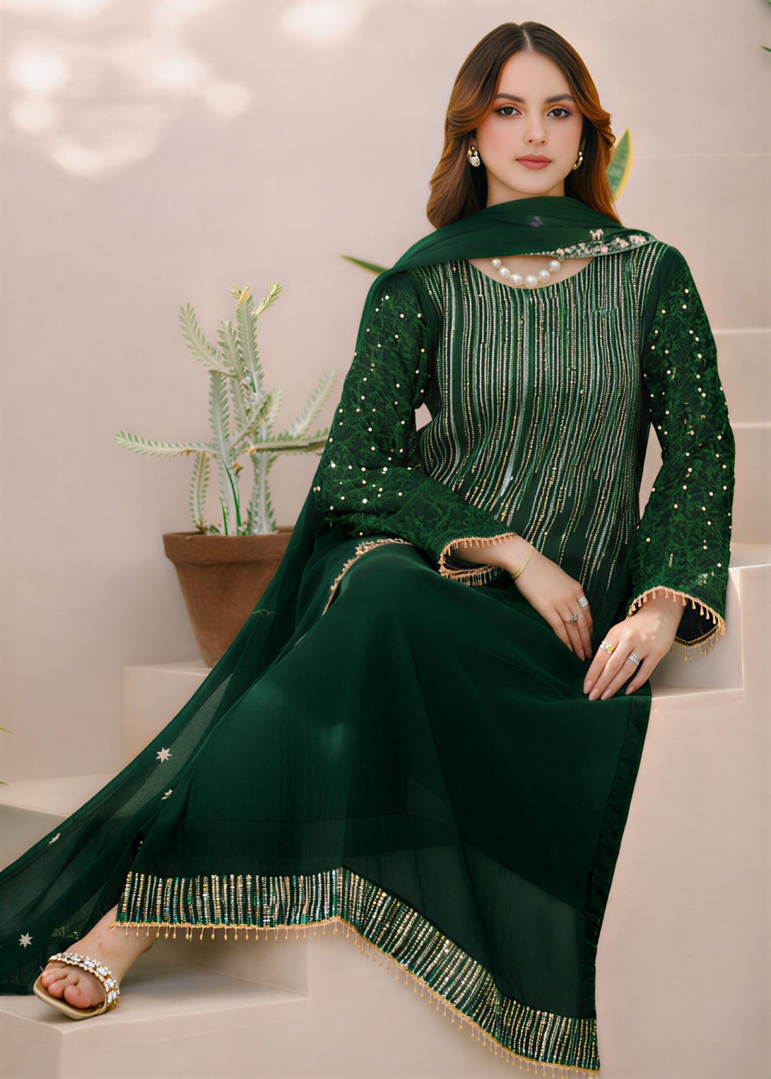 chiffon Kurta Set in Bottle green