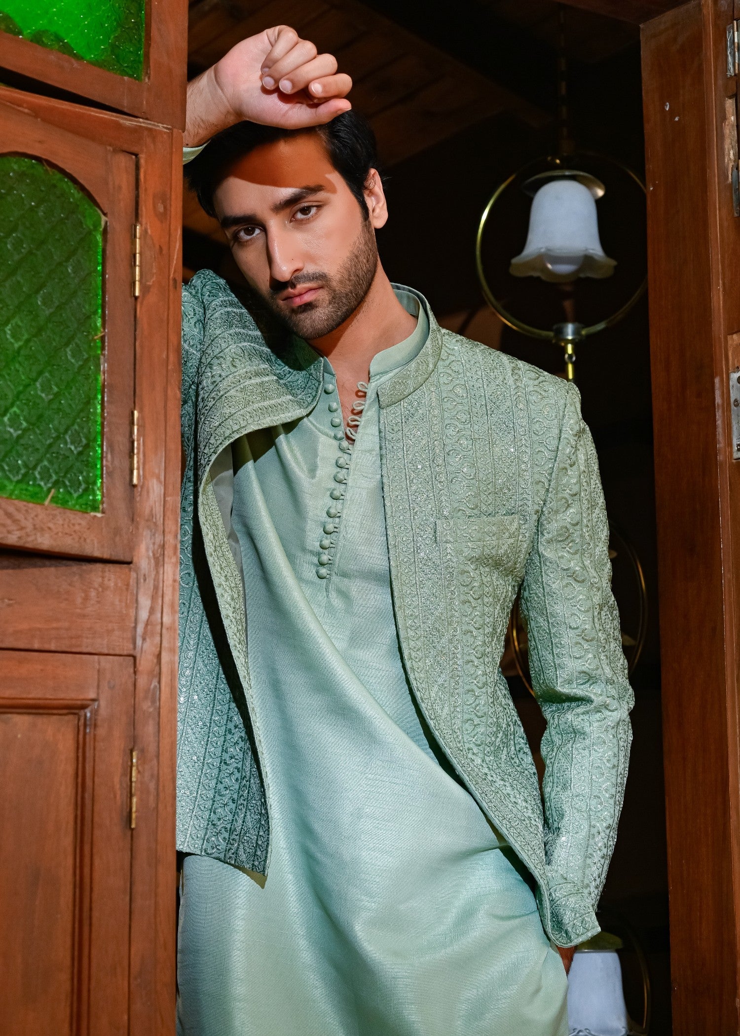 raw silk Prince Coat in Mint green
