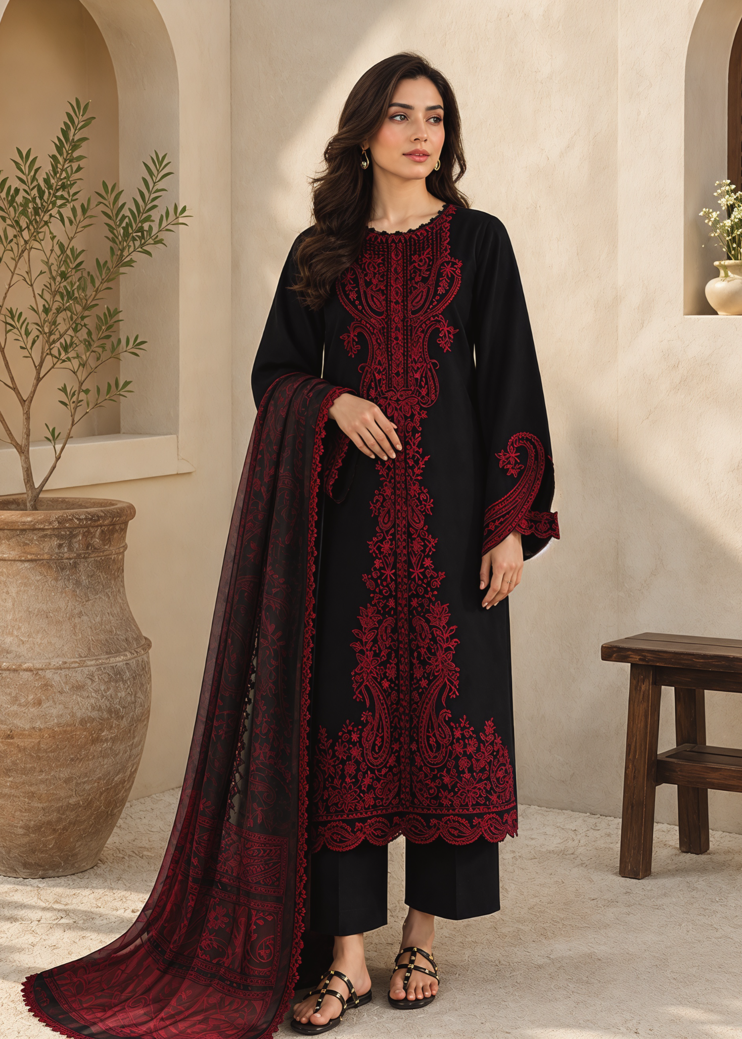 linen Kurta Set in Black, maroon